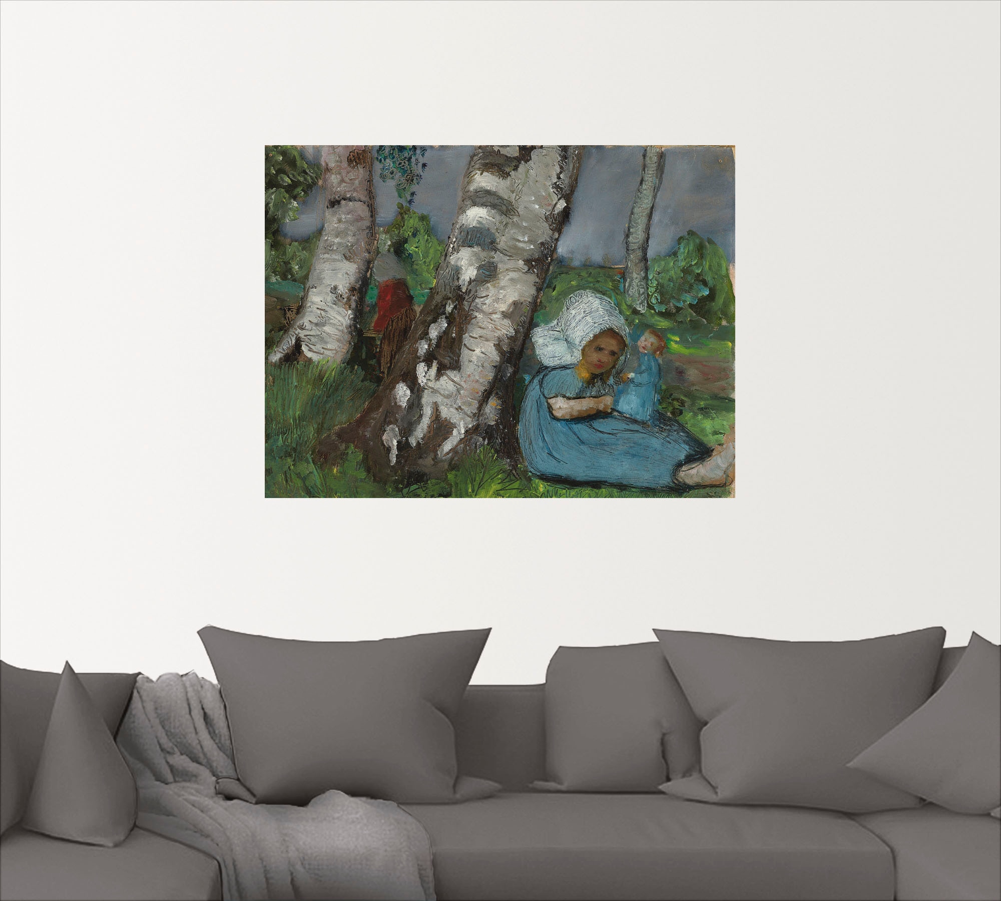 Artland Wandbild »Kind mit Puppe am Birkenstamm sitzend«, Kind, (1 St.), als Leinwandbild, Wandaufkleber oder Poster in versch. Größen