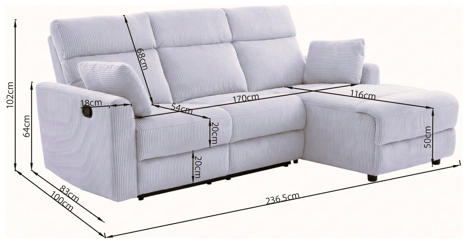 OTTO home Ecksofa »JENNA, L-Form,  236cm, manuelle u. elektrische Funktion, mit USB A/C,« Liegefunktion 105°-150°, Federkern, in Struktur fein oder Cord-Bezug