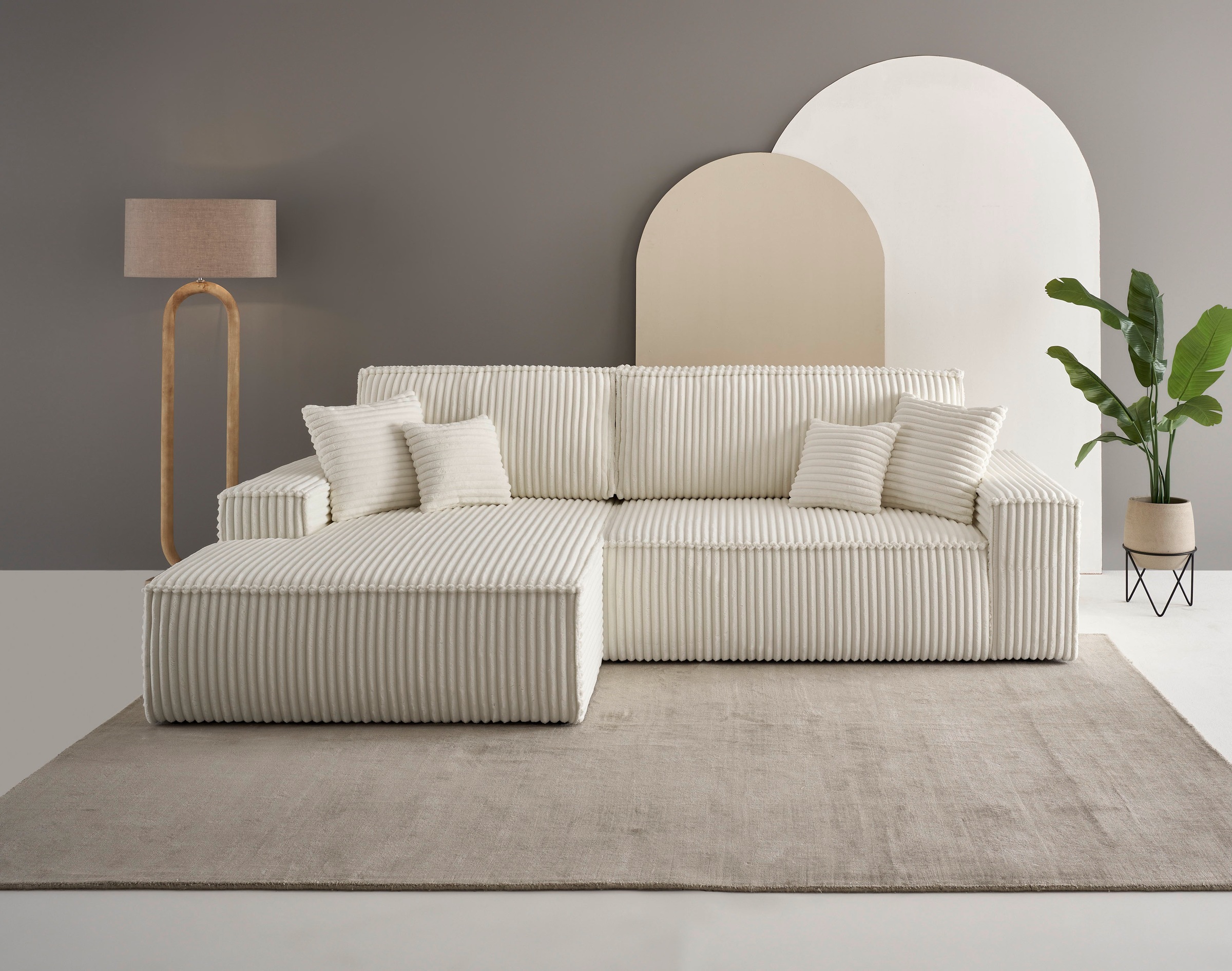 OTTO home Ecksofa "FINNLEY Cord, L-Form 257 cm, Schlafsofa" mit Bettkasten, in Bouclé, Struktur fein und Mega Cord
