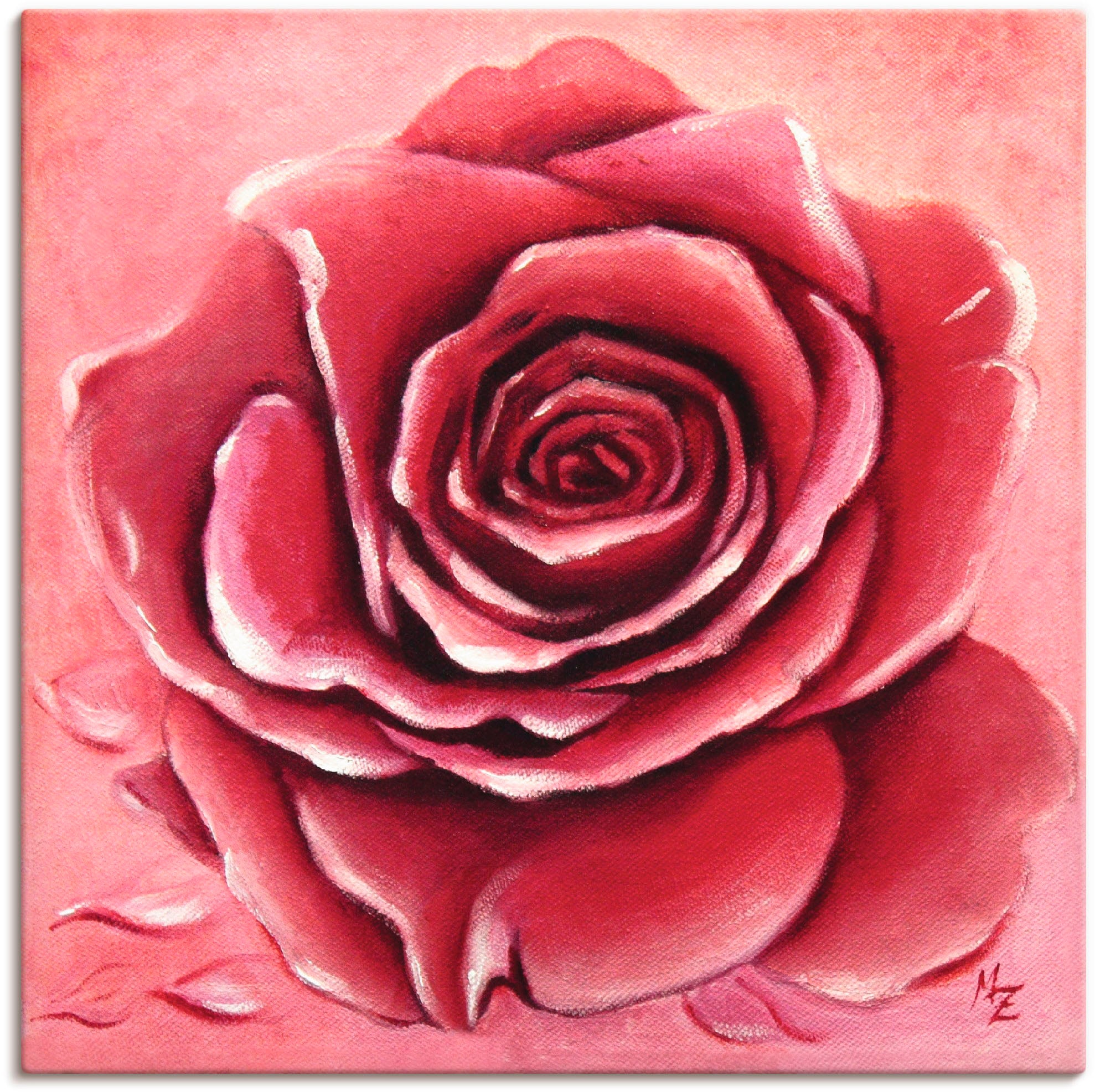 Artland Leinwandbild "Rote Rose handgemalt" Blumen 1 Stk. tlg. auf Holzrahmen gespannt