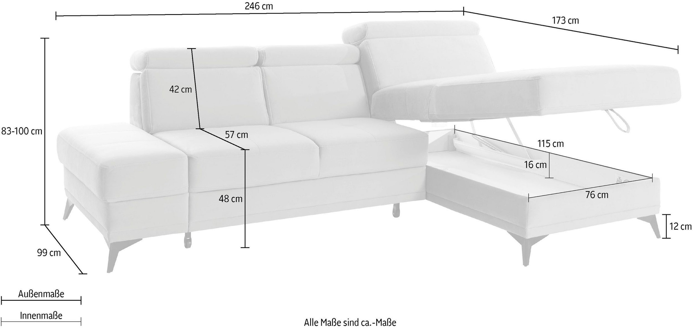 INOSIGN Ecksofa »Cardiz L-Form«, inkl.Kopfteilverstellung und Federkern wahlweise mit Bettfunktion