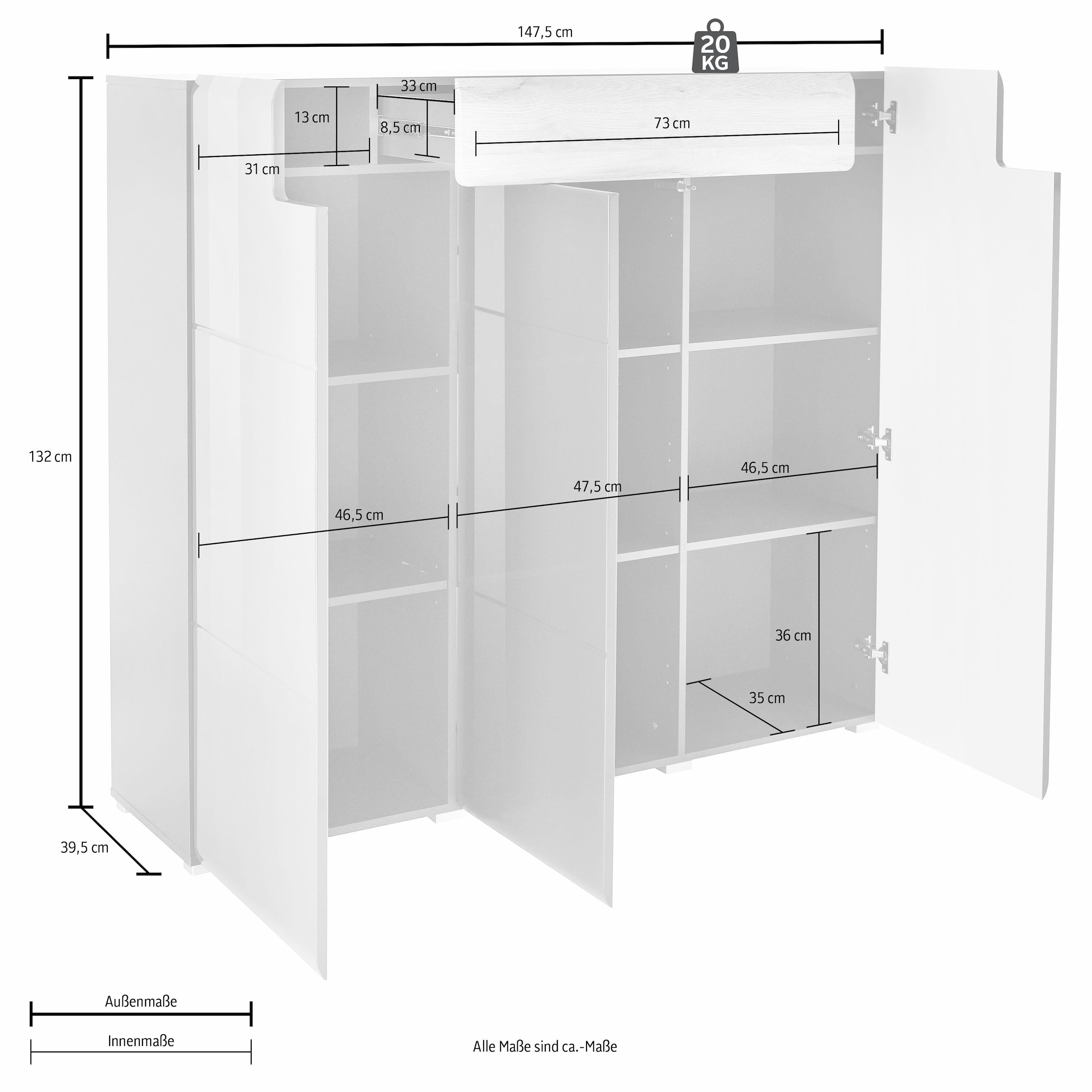 INOSIGN Highboard »Toledo,Breite 147,5 cm,trendige Hochkommode mit 3 Türen 1SK«, Hochschrank mit viel Stauraum, stylische Hochglanzfronten