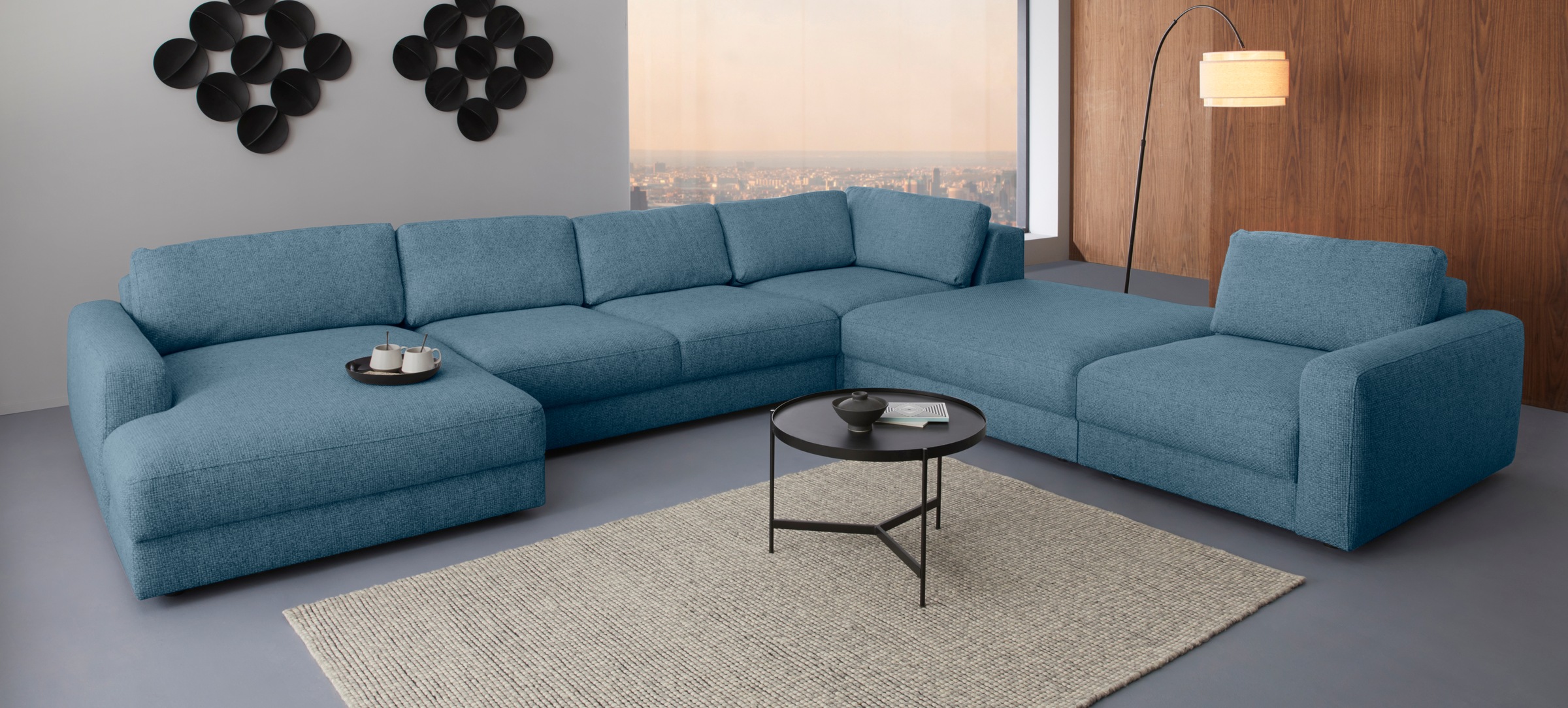 Wohnlandschaft HOME AFFAIRE "Bloomfield, Mega Polsterprogramm, Breite 405cm, viel Platz, U-Form", blau (tepestry), B:405cm H:84cm T:224cm, 100% Polyester, Sofas, Wohnlandschaft, mit extra tiefer Sitzfläche, wahlweise mit Sitztiefenverstellung 9