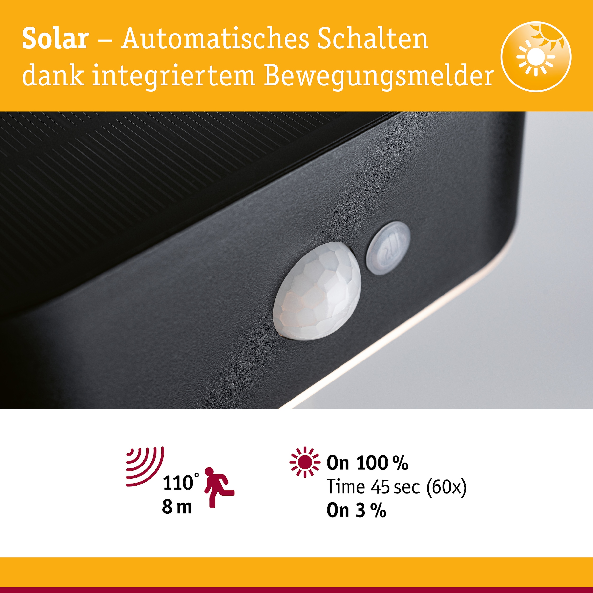 Paulmann LED Außen-Wandleuchte »Solar Adya IP44 3000K 200lm Schwarz« 1 Stk. Warmweiß Bewegungsmelder