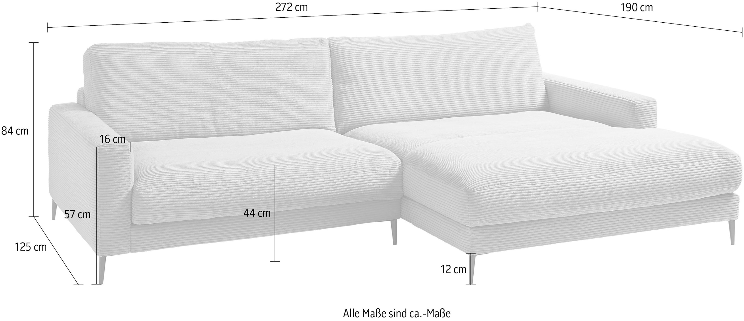 INOSIGN Ecksofa »Downtown, B/T/H: 272/190/84 cm L-Form«, weicher Sitzkomfort auch in Cord und Bouclé, incl. Zierkissen