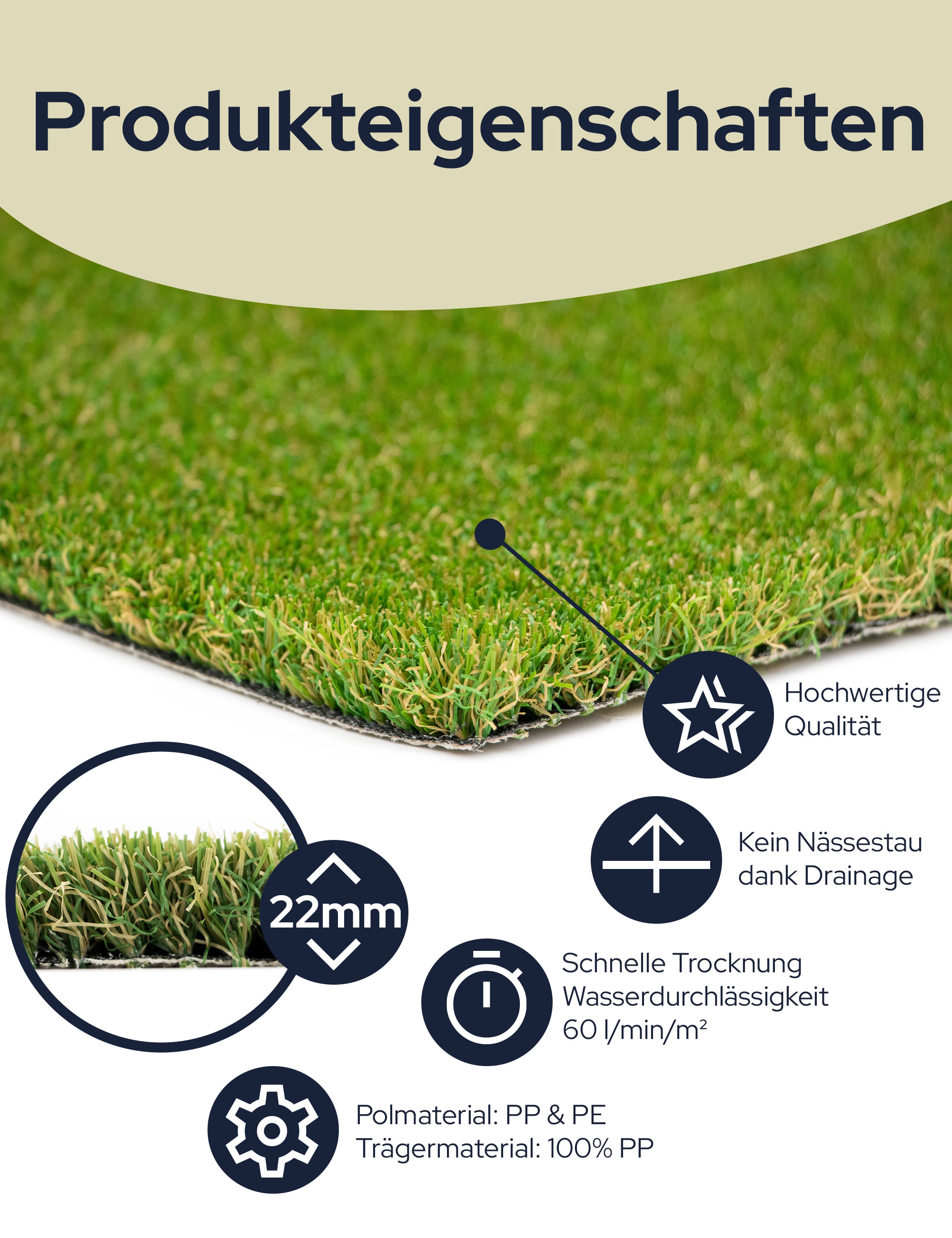 Primaflor-Ideen in Textil Kunstrasen »Kunstrasen MIAMI«, rechteckig, 22 mm Höhe, natürliche Optik, wasserdurchlässig, für Balkon, Terrasse & Garten