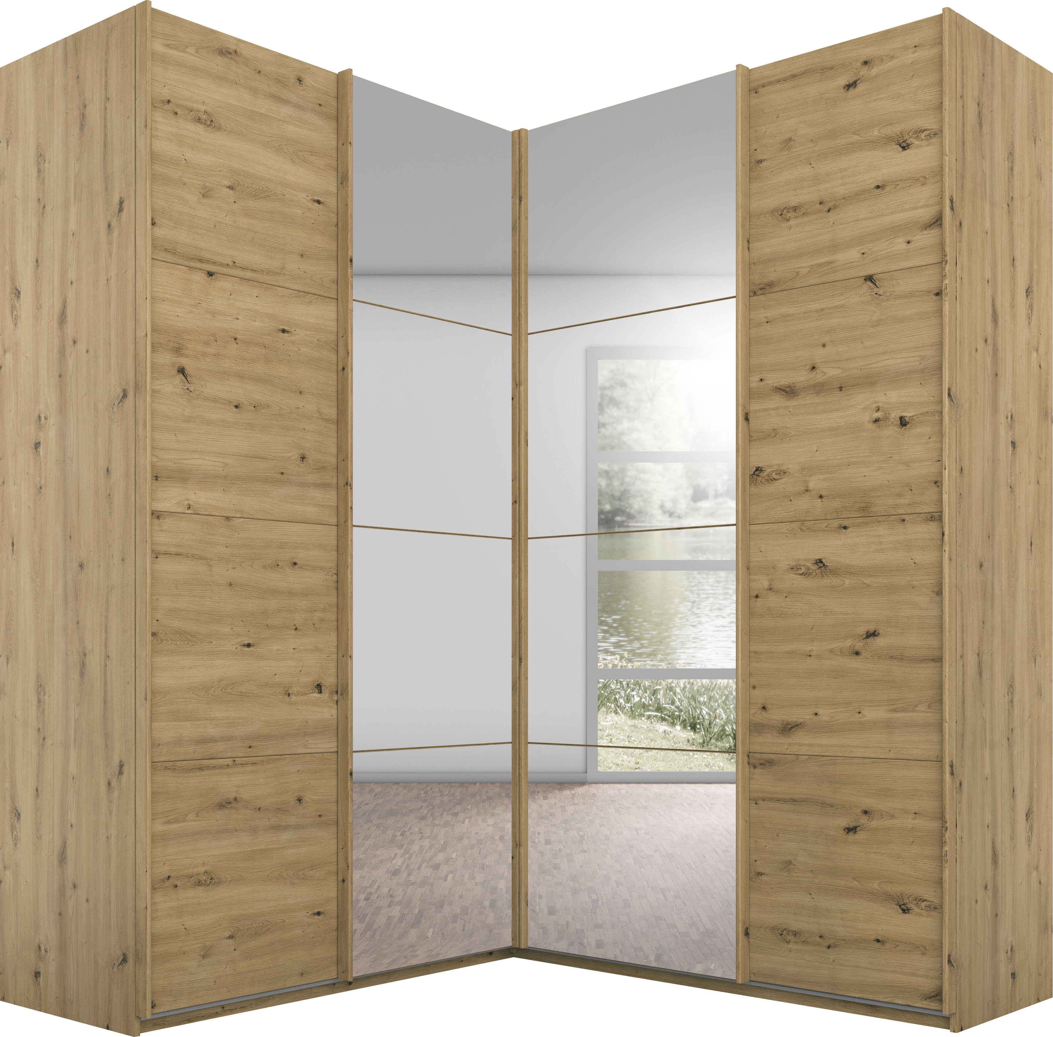 rauch Schwebetürenschrank "Schrank Garderobe Eckkleiderschrank QUADRA Front in Dekor/Hochglanz" Maß 181x187 cm, Höhen 210/229 cm, inkl. Soft-Close-Funktion, extra großer Eckschrank inkl. Schubladeneinsatz MADE IN GERMANY