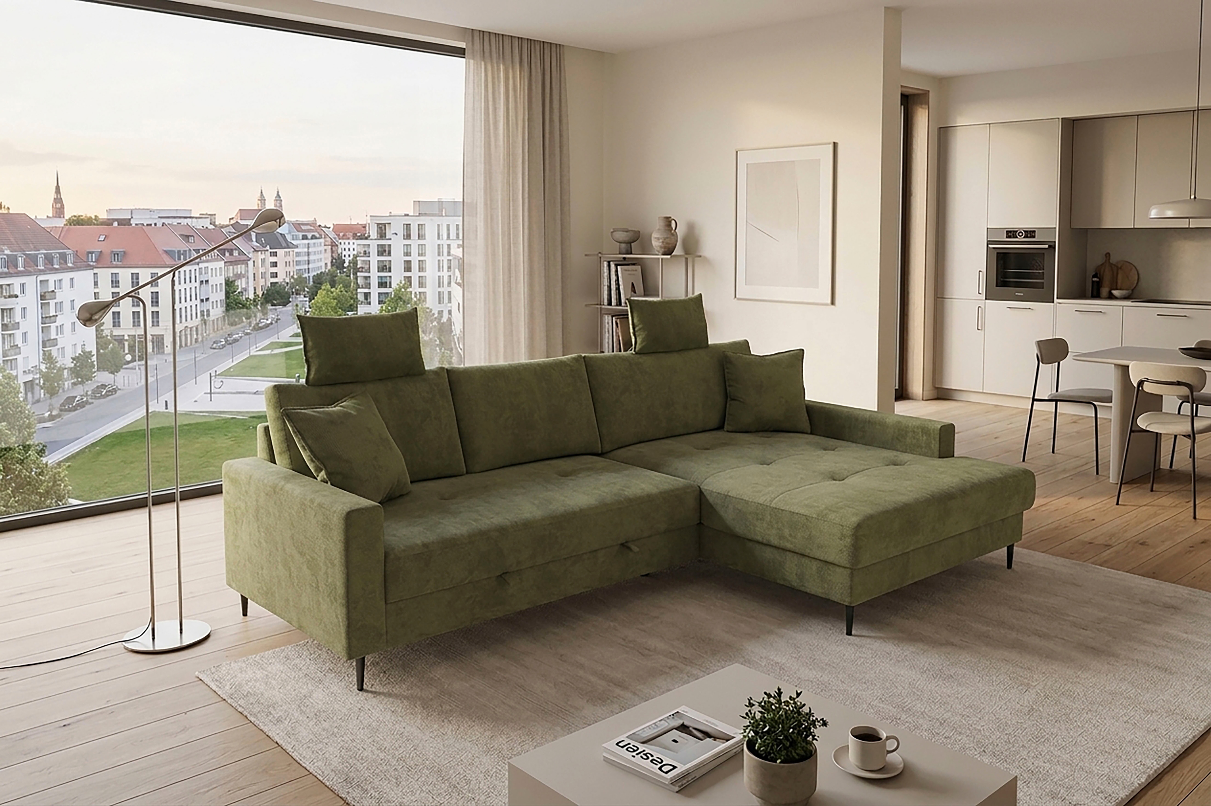 Trends by HG Ecksofa "Summer L-Form, B: 284 cm, Schlaffunktion, 2 Zierkissen" mit Kopfstützen, Wellenfederung, frei stellbar