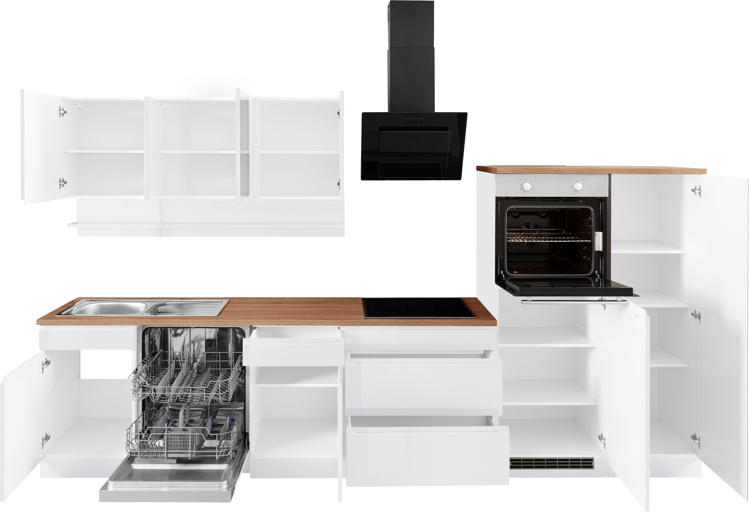 KOCHSTATION »KS-Virginia,neu in verbesserter Ausführung« Arbeitsplatte 38 mm stark, Stauraum, Softclose,  Breite 350 cm, Soft-Close, ohne E-Geräte