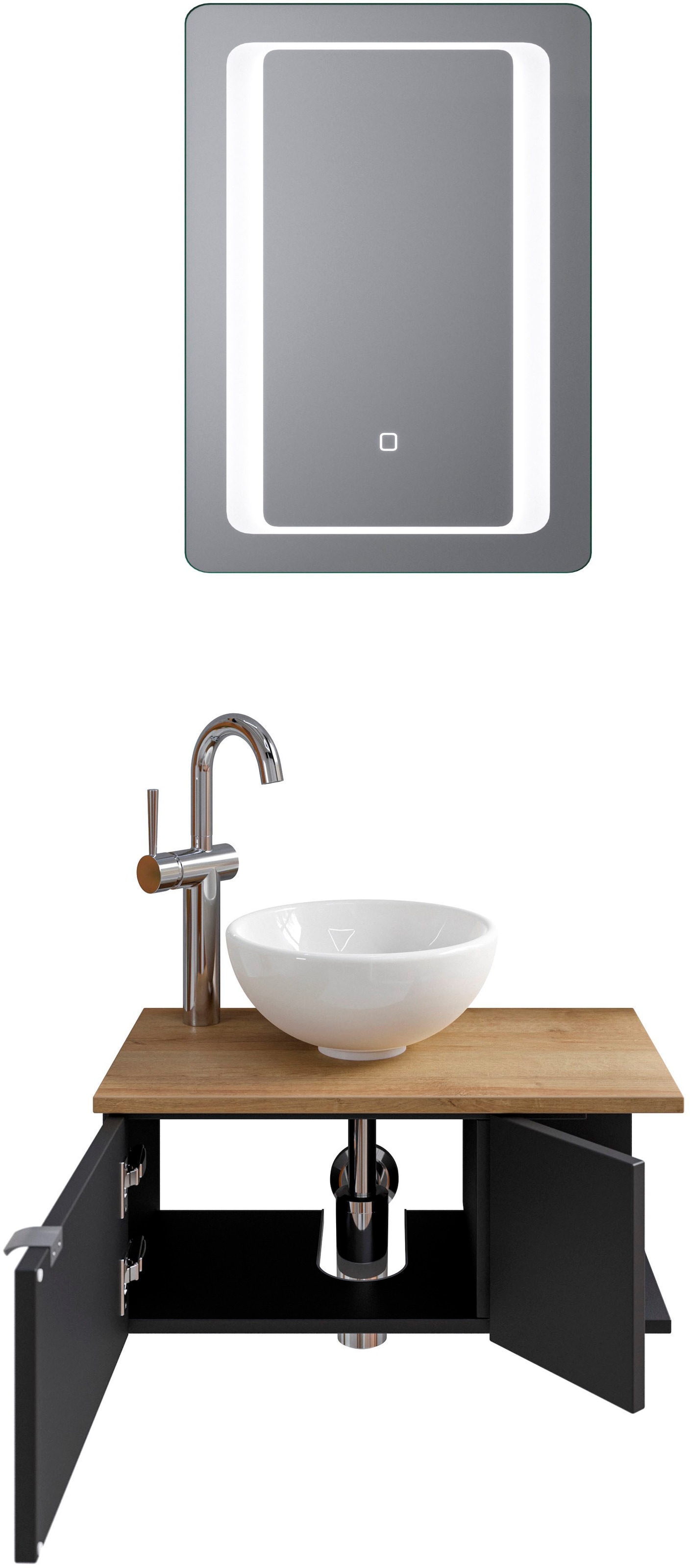 Saphir Badmöbel-Set »Serie 6915«, (4 St.), Gäste-Bad, 61 cm breit, mit LED-Spiegel, offenem Fach und 2 Türen
