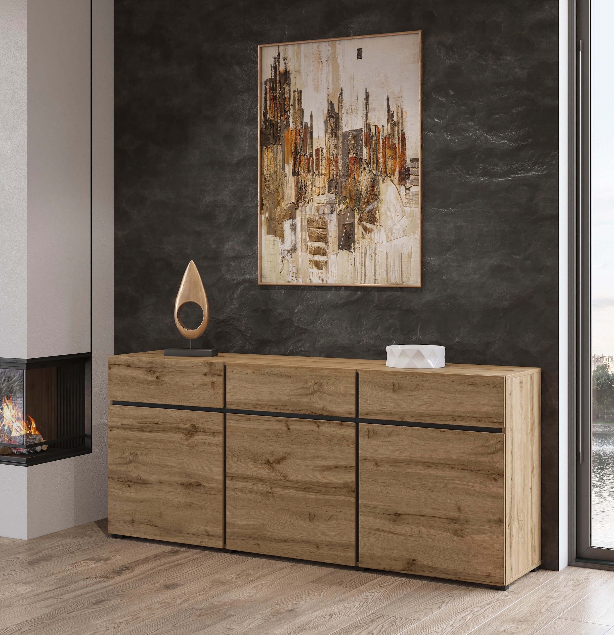 INOSIGN Sideboard »Cross,Breite 180 cm, moderne grifflose Kommode,3 Türen/3 Schubkästen«, Schubladenschrank mit viel Stauraum, Einlegeböden verstellbar