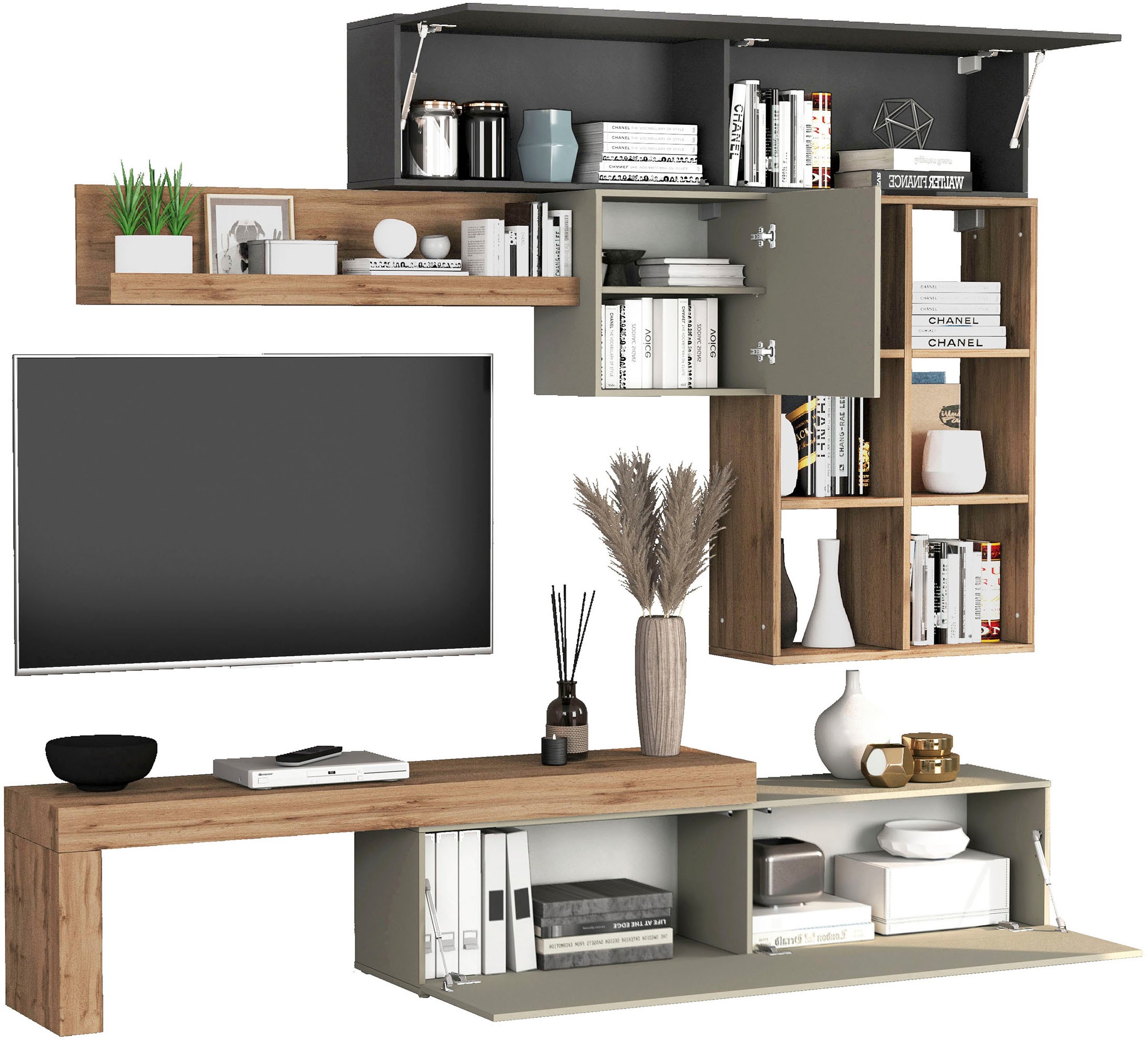 INOSIGN Wohnwand »Chronos Wohnwand, Medienwand, 5-er set«, (Set, 5 St.), ca. 270 cm mit Hängeschränke, Würfel, Regal, Lowboard, Made in Italy