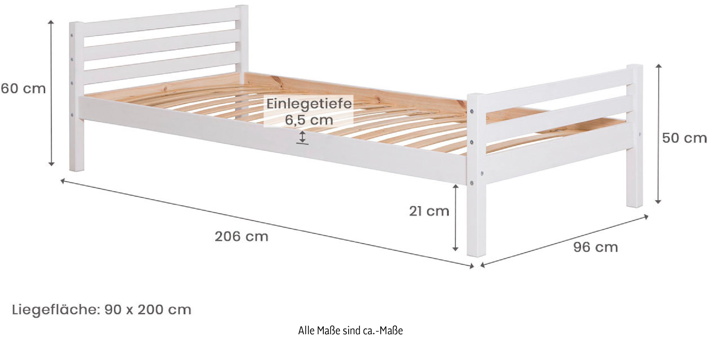 Ticaa Jugendbett, Futonbett in diversen Breiten, Kiefer, mit Rollrost
