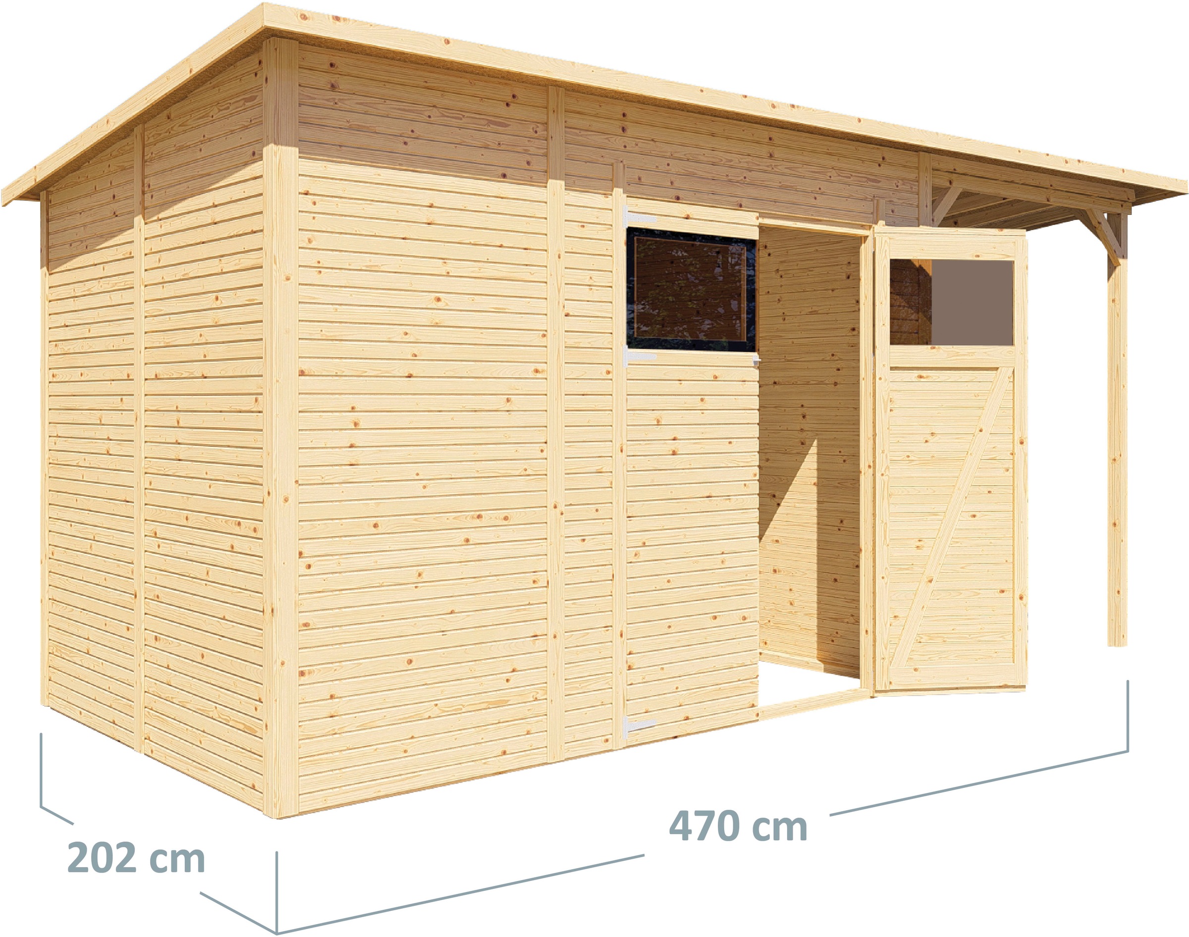 BERTILO Gartenhaus »Pent Modern 4 Plus naturbelassen«, mit hohen Seitenwänden und einer 1,88 m hohen Doppeltür