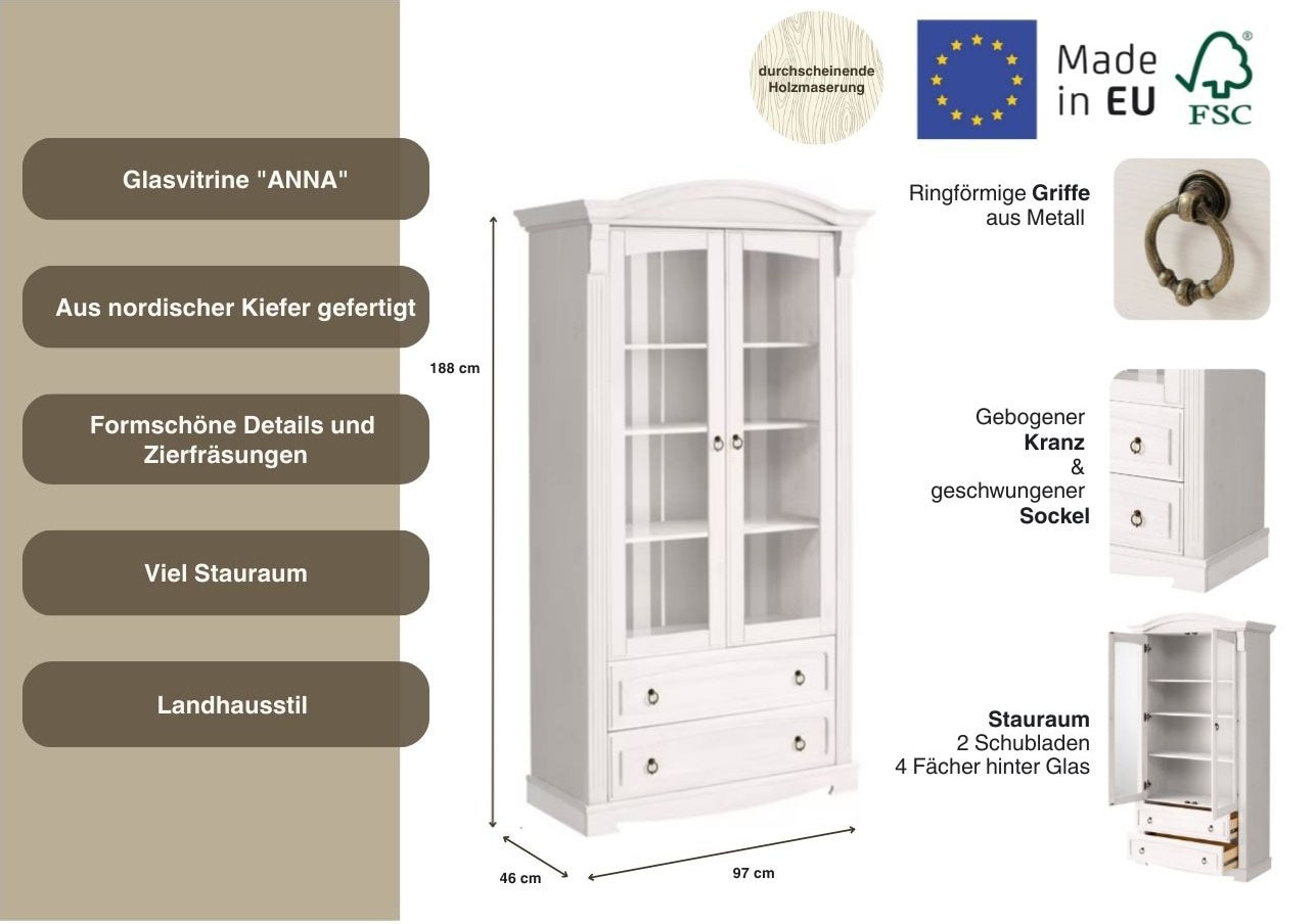 Home affaire Glasvitrine »Anna«, (Gesamtmaße (B/T/H): ca. 97/46/188 cm), mit Glastüren, 2 Schubladen, Höhe 188 cm, aus massiver Kiefer, FSC®