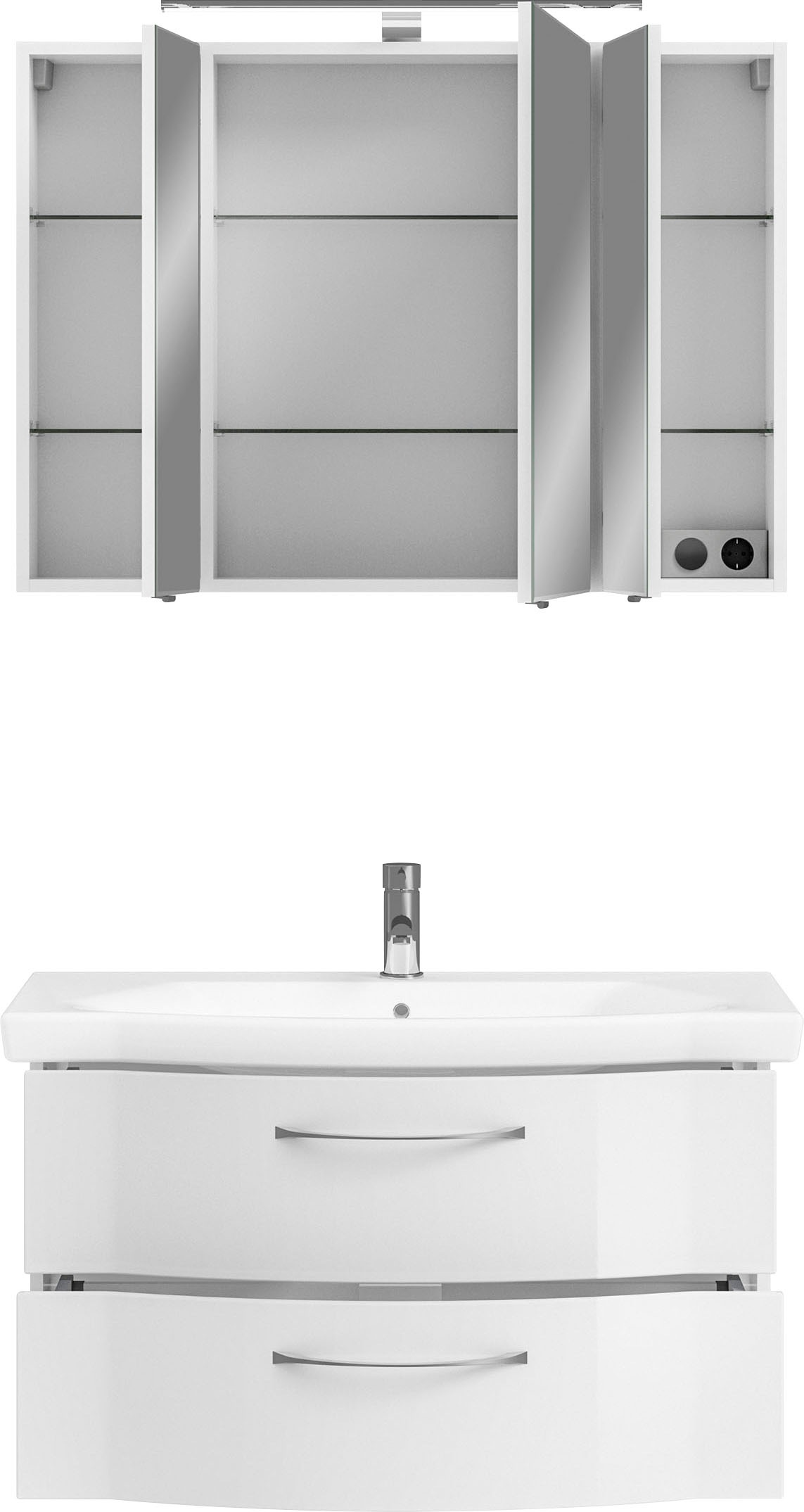 Saphir Badmöbel-Set »6005 Sprint 2-teilig, Keramik-Waschtisch mit LED-Spiegelschrank«, (2 St.), Waschplatz 98 cm breit, inkl. Türdämpfer, 3 Türen, 2 Schubladen