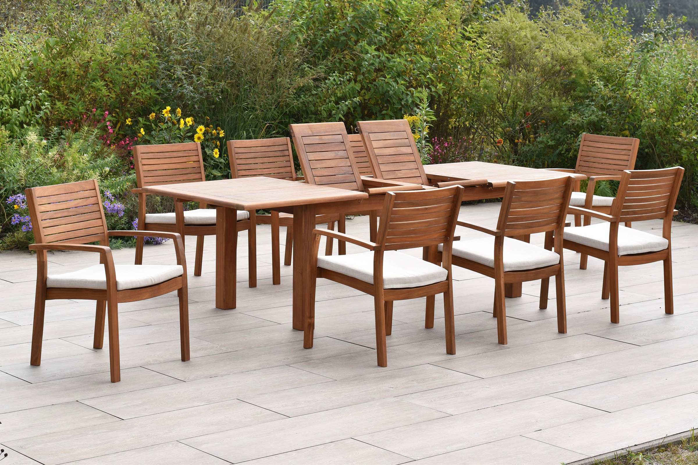 MERXX Garten-Essgruppe »»Batavia««, (Set, 17 tlg., Tisch doppelt ausziehbar: 100x 180/220/260x 75 cm), moderne Landhausoptik in warmen Holznuancen