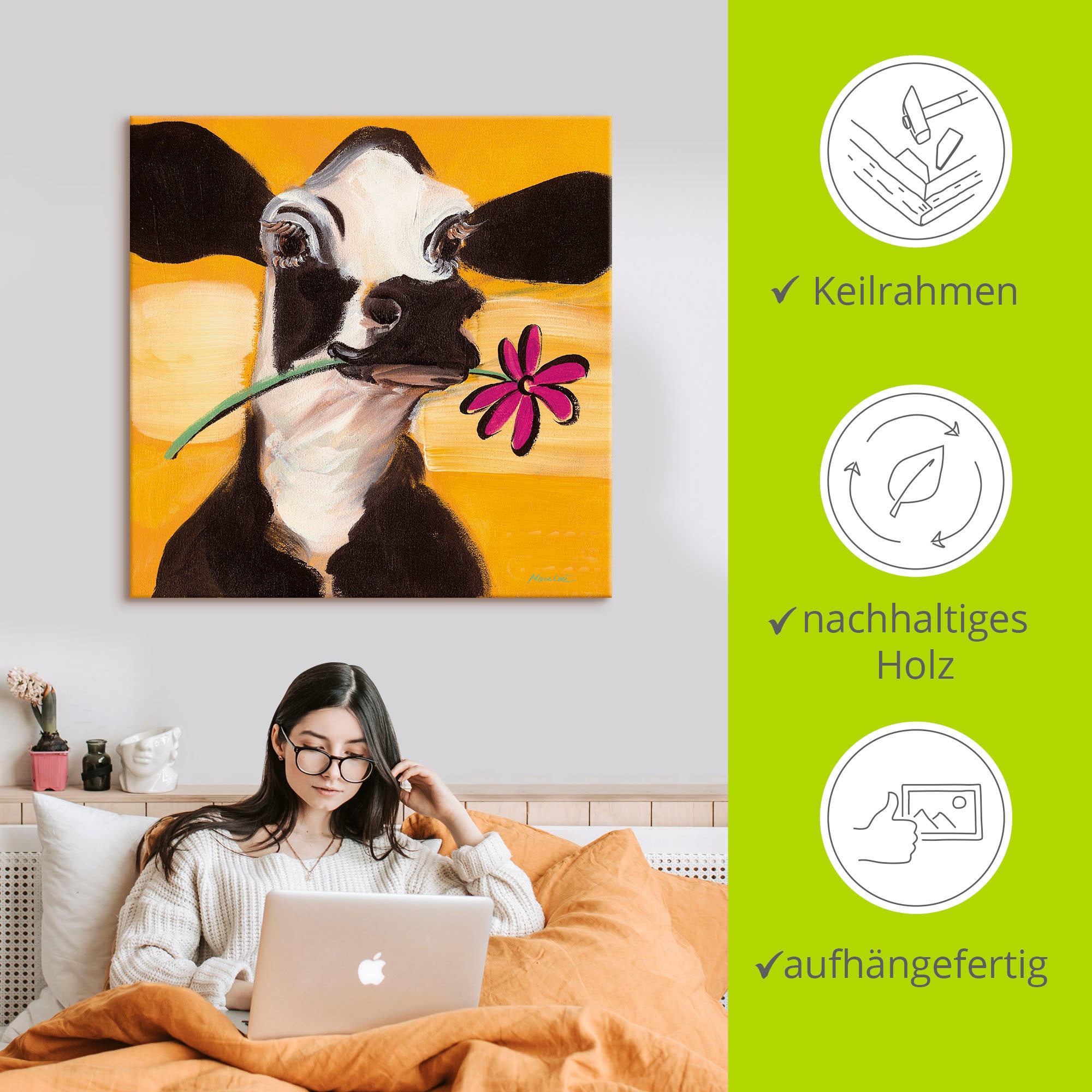 Artland Wandbild »Glückliche Kuh« Haustiere 1 Stk. tlg. auf Holzrahmen gespannt