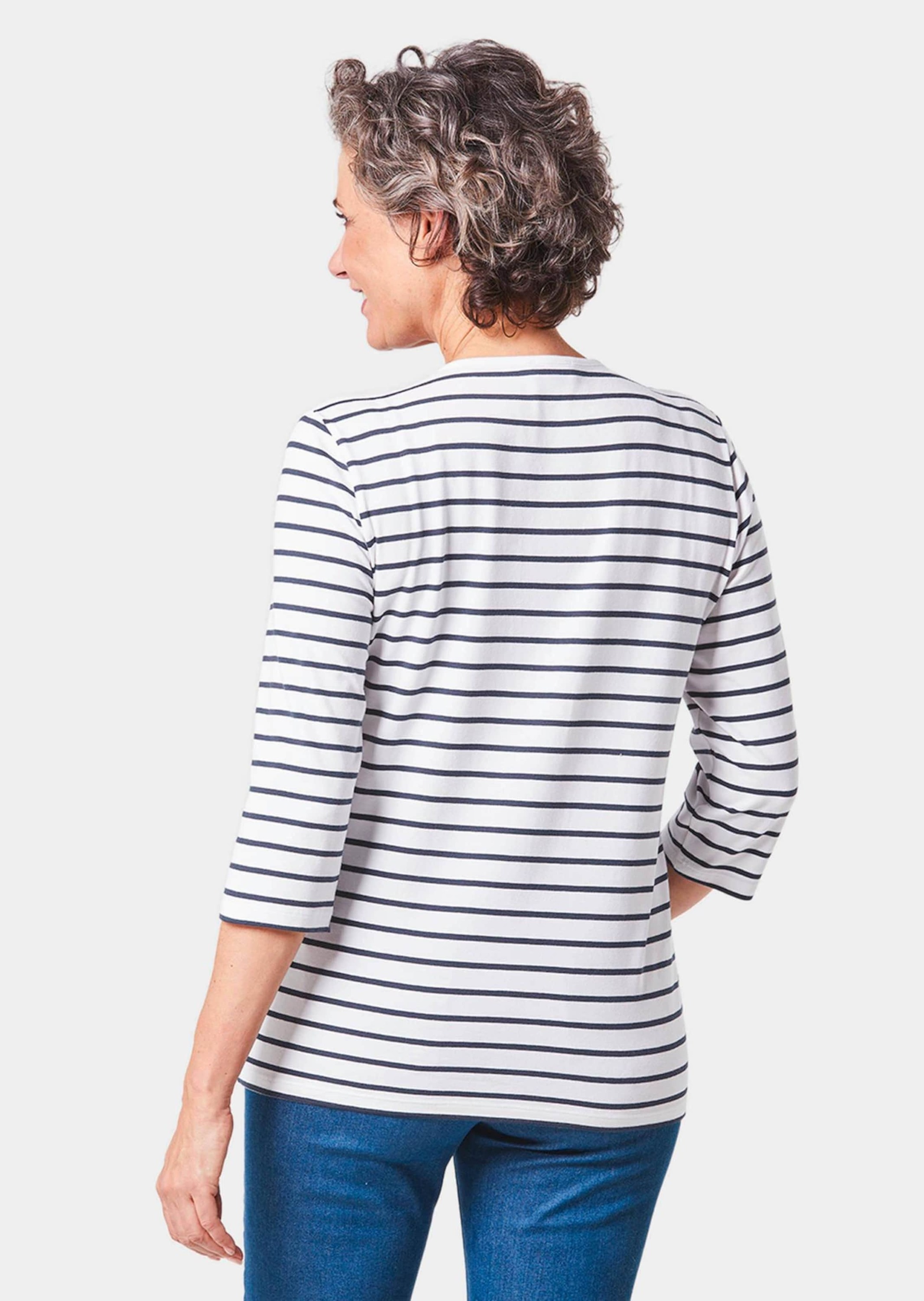 3/4-Arm-Shirt GOLDNER "Buntgewirktes Ringelshirt", Damen, Gr. 54, weiß (weiß, marine, geringelt), Obermaterial: 95% Baumwolle CO. 5% Elasthan EL., normal, Tubular, Shirts 3/4-Arm-Shirt, Garngefärbte und dadurch farbbeständige Ringel 3