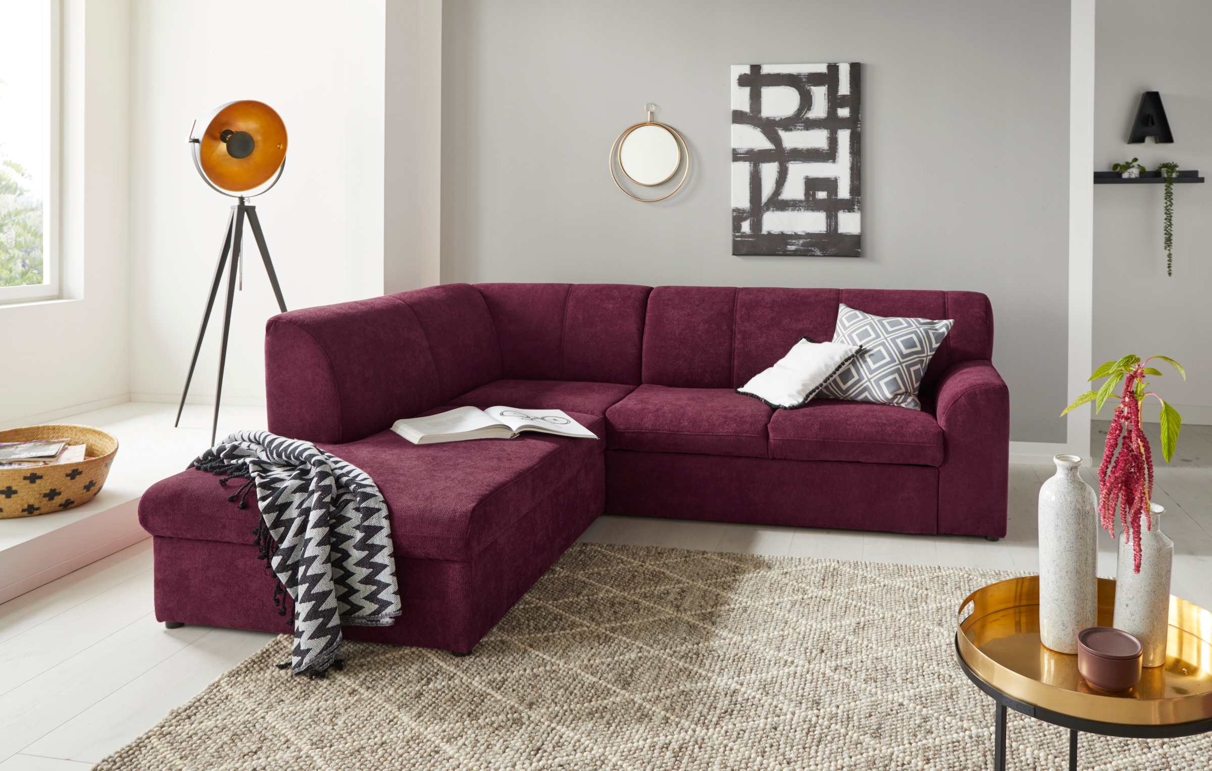 DOMO collection "Topper zeitlos elegant, kompakte StellmaßeL-Form" mit Ottomane, wahlweise mit Schlaffunktion