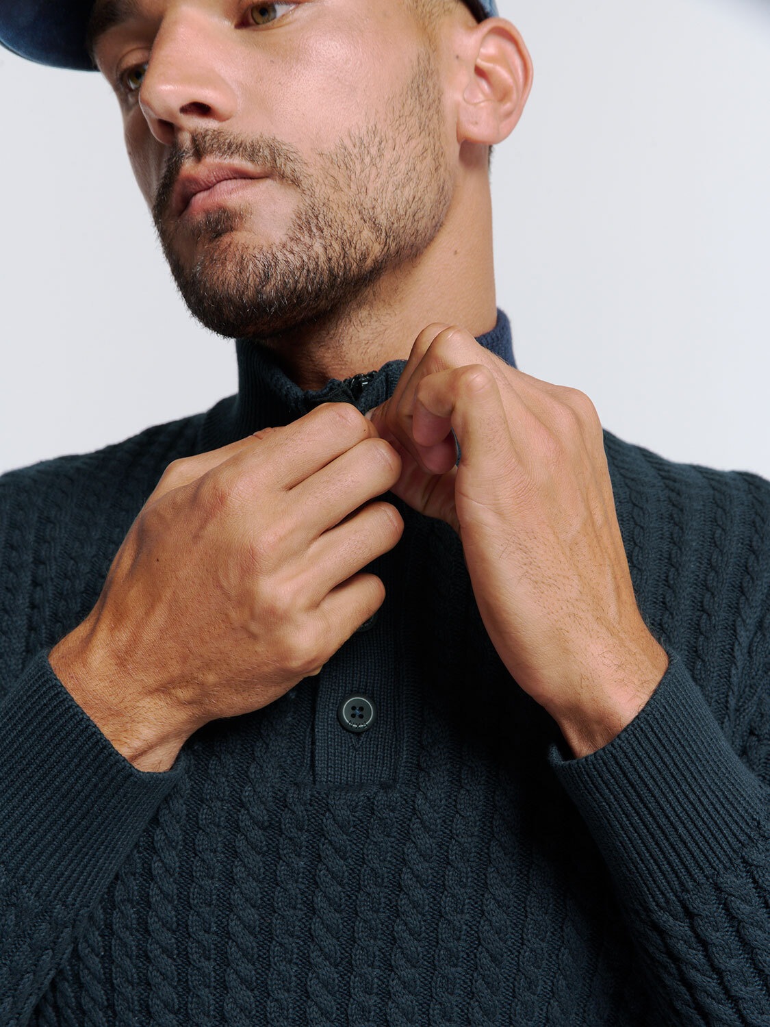 NO EXCESS Rollkragenpullover »No Excess Jacquard-Pullover mit Halbknopfleiste«