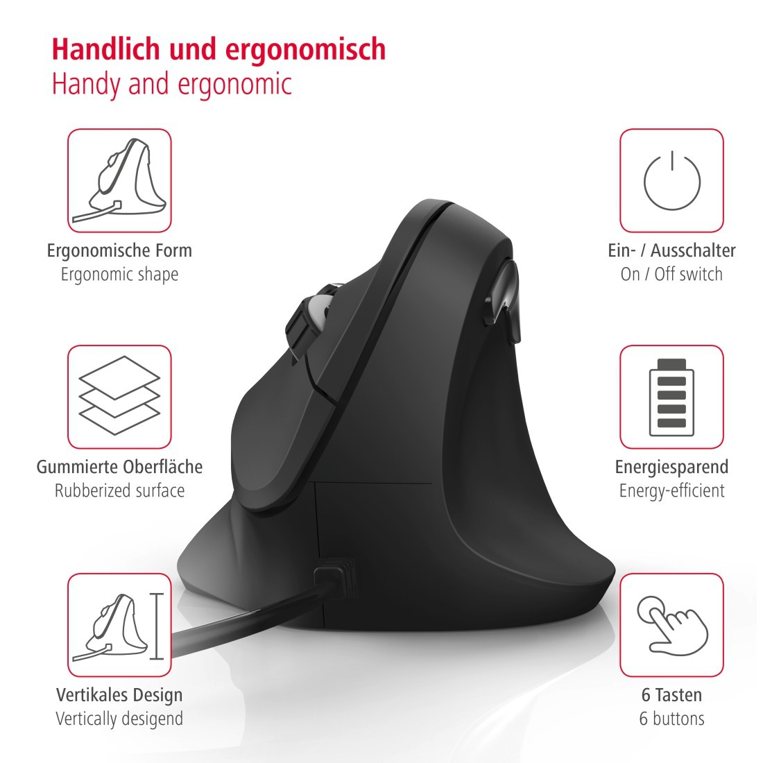 Hama ergonomische Maus »Ergonomische vertikale Maus für PC Laptop, mit Kabel, 1,8 m, Schwarz«, USB-kabelgebunden, Vorbeugung Tennisarm/Mausarm