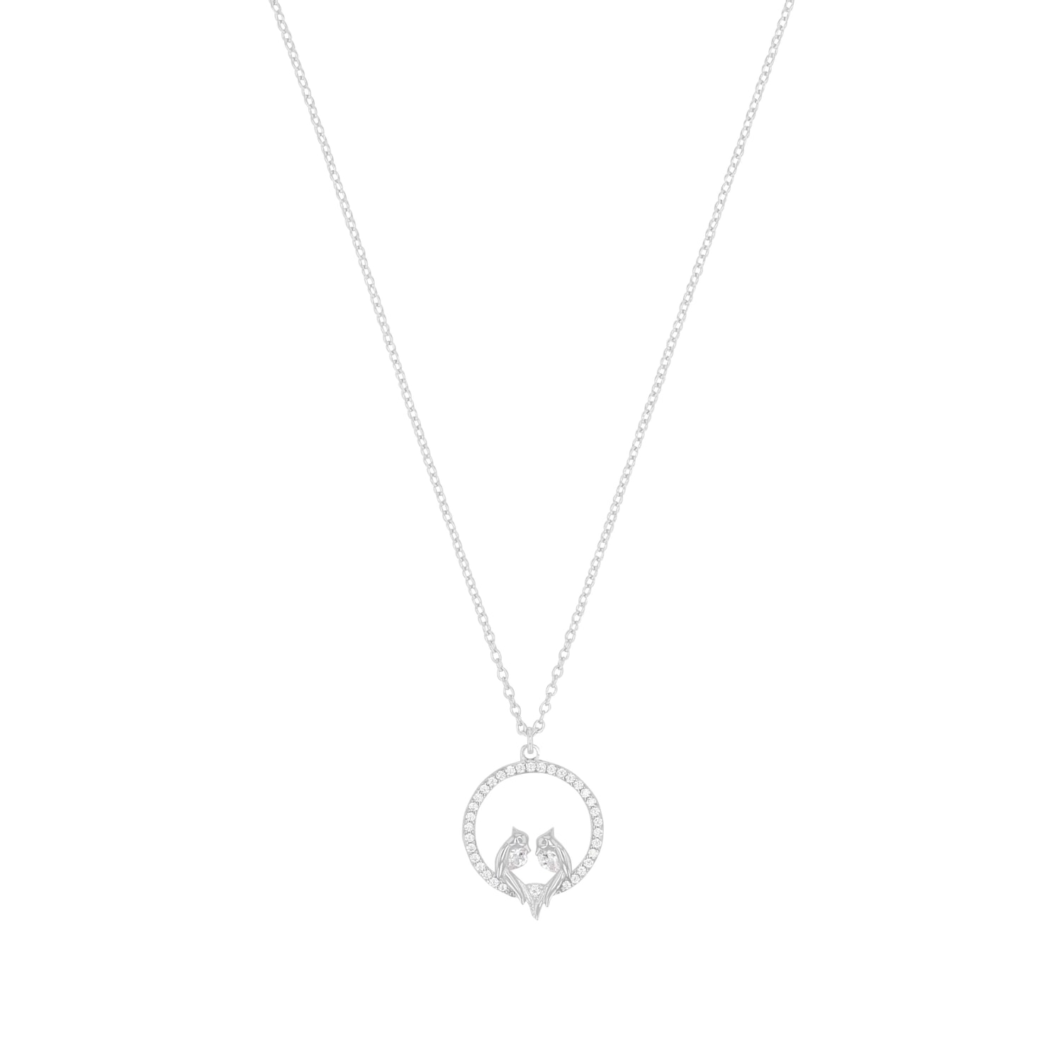 Kette mit Anhänger AMOR "Kreis mit niedlichem Vogel-Design", silberfarben, weiß, Halsketten, Damen, Silber 925 (Sterlingsilber), L: 45 B: 2mm, mit Zirkonia (synth.), B:2mm