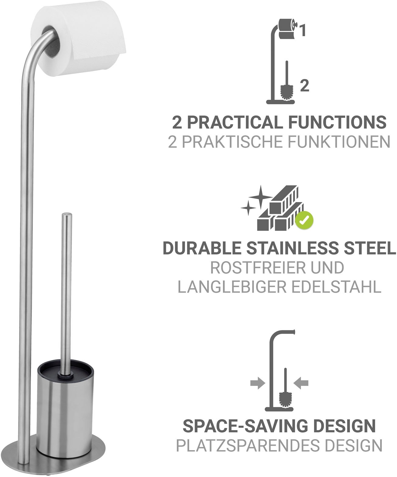 WENKO WC-Garnitur »Levante« aus Edelstahl freistehender Toilettenpapierhalter mit WC-Bürste, Edelstahl rostfrei
