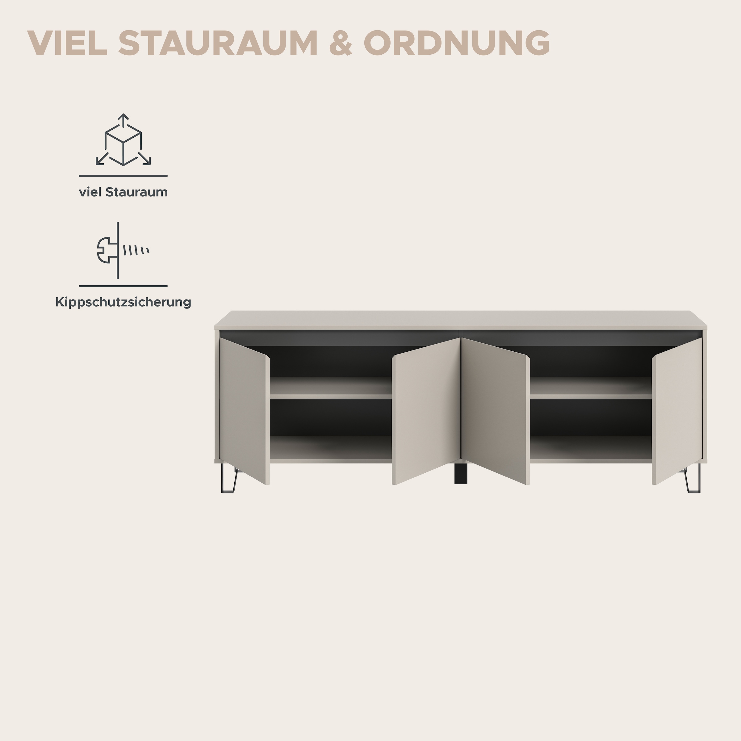 Home affaire Lowboard »BALTIC, Breite 184cm, grifflose Fronten, Metall-Füße,4 Türen, 4 Fächer« TV-Möbel, TV-Schrank, TV-Lowboard, Mediaboard