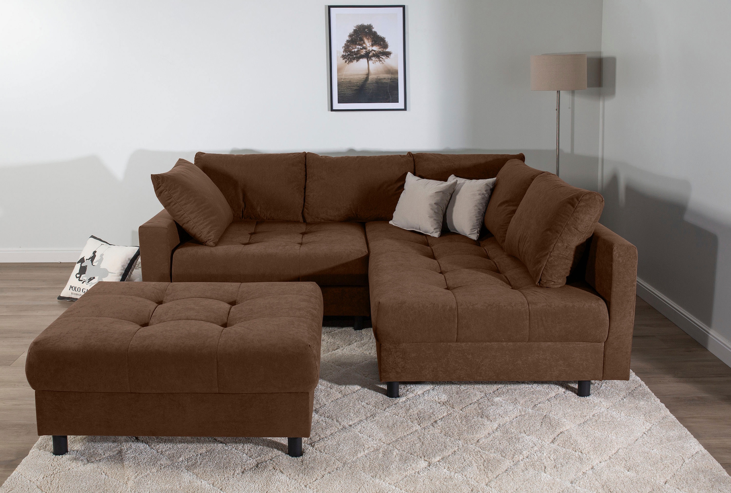 COLLECTION AB Ecksofa »Toni L-Form, B: 215 cm« mit Hocker & 2 Zierkissen, Federkern