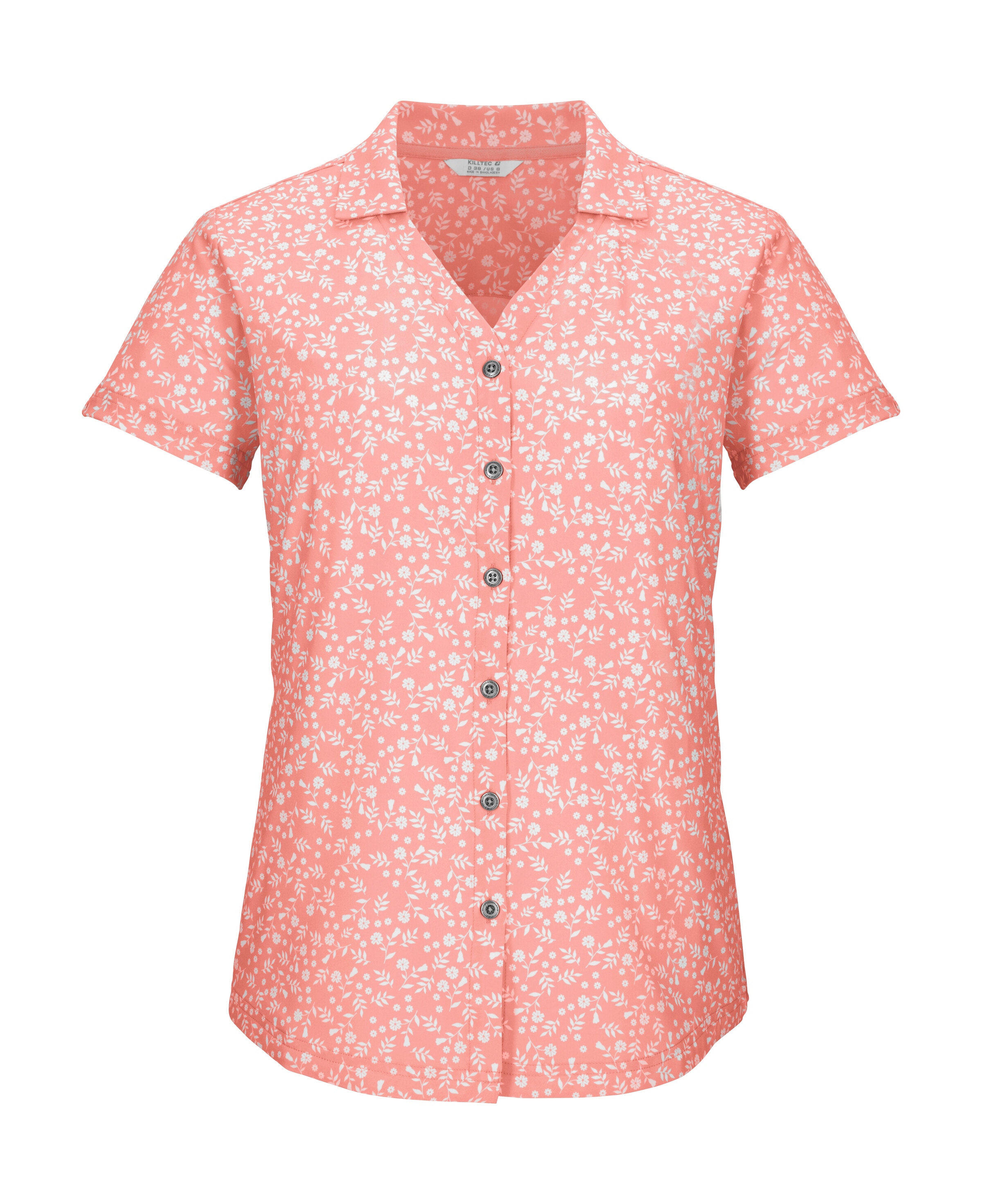Funktionshemd KILLTEC "KOS 86 WMN WVN SHRT", Herren, Gr. 38, Normalgrößen, pfirsich, Obermaterial: 92% Polyester, 8% Elasthan, Hemden, Schnelltrocknende Damenbluse mit floralem Print und Zierriegeln