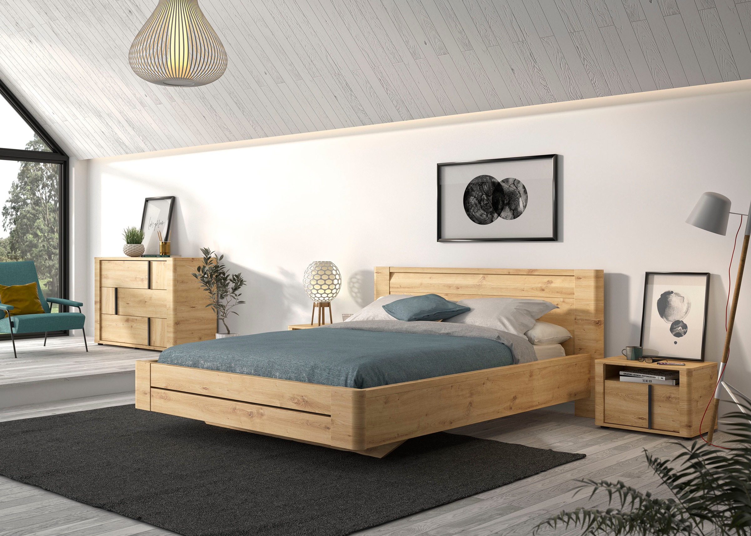 Gami Schlafzimmer-Set "Confidence", (4 tlg., Bett, 2x Nachttisch und Kommode), aus Kiefernholz, mit Bett, 2x Nachttisch 