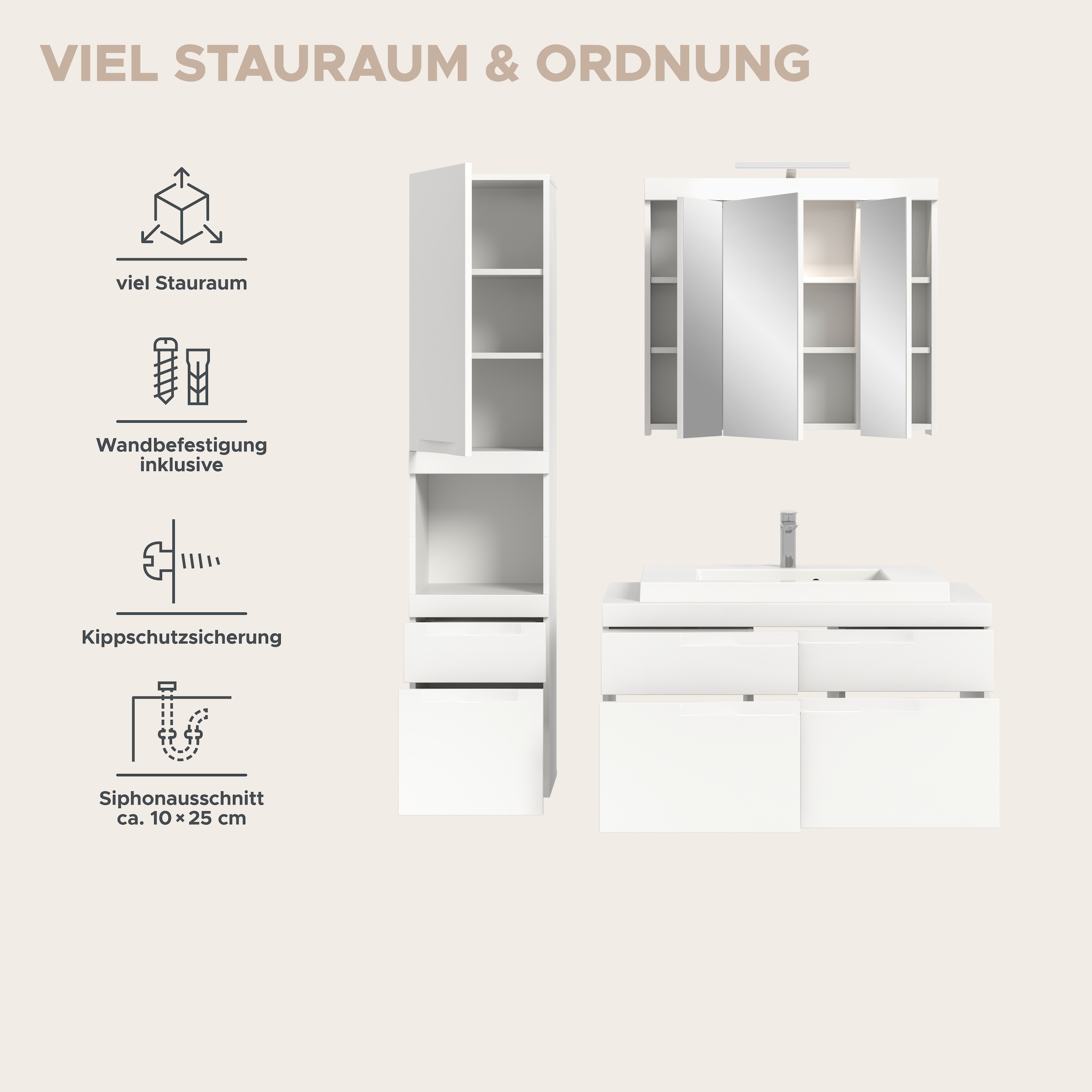 OTTO home Badmöbel-Set »MAOI, 3-tlg. Badkombi, hochwertige MDF Front, optional mit Beleuchtung«