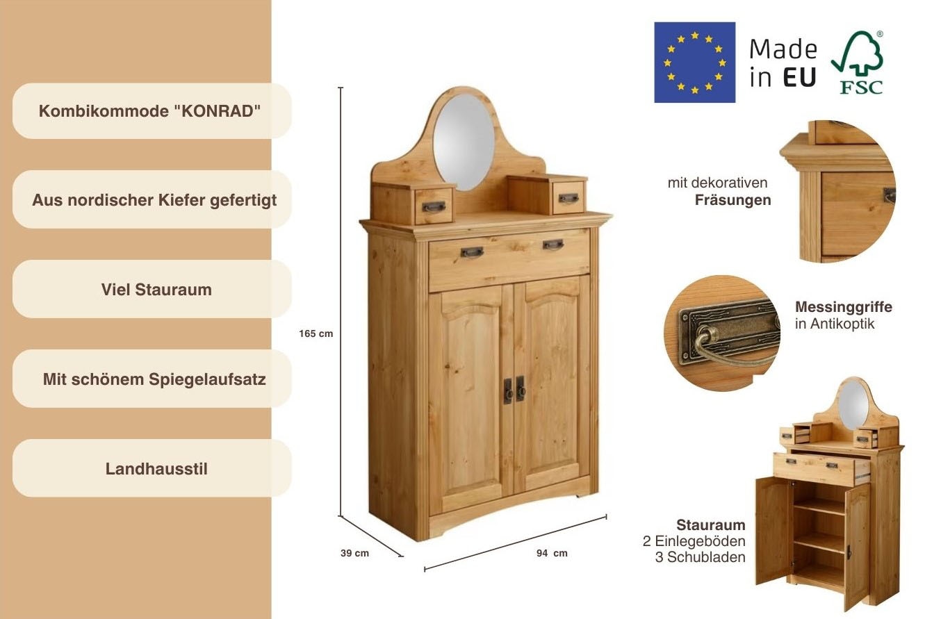Home affaire Kombikommode »Konrad«, Breite 94 cm, aus massiver, FSC®-zertifizierter Kiefer