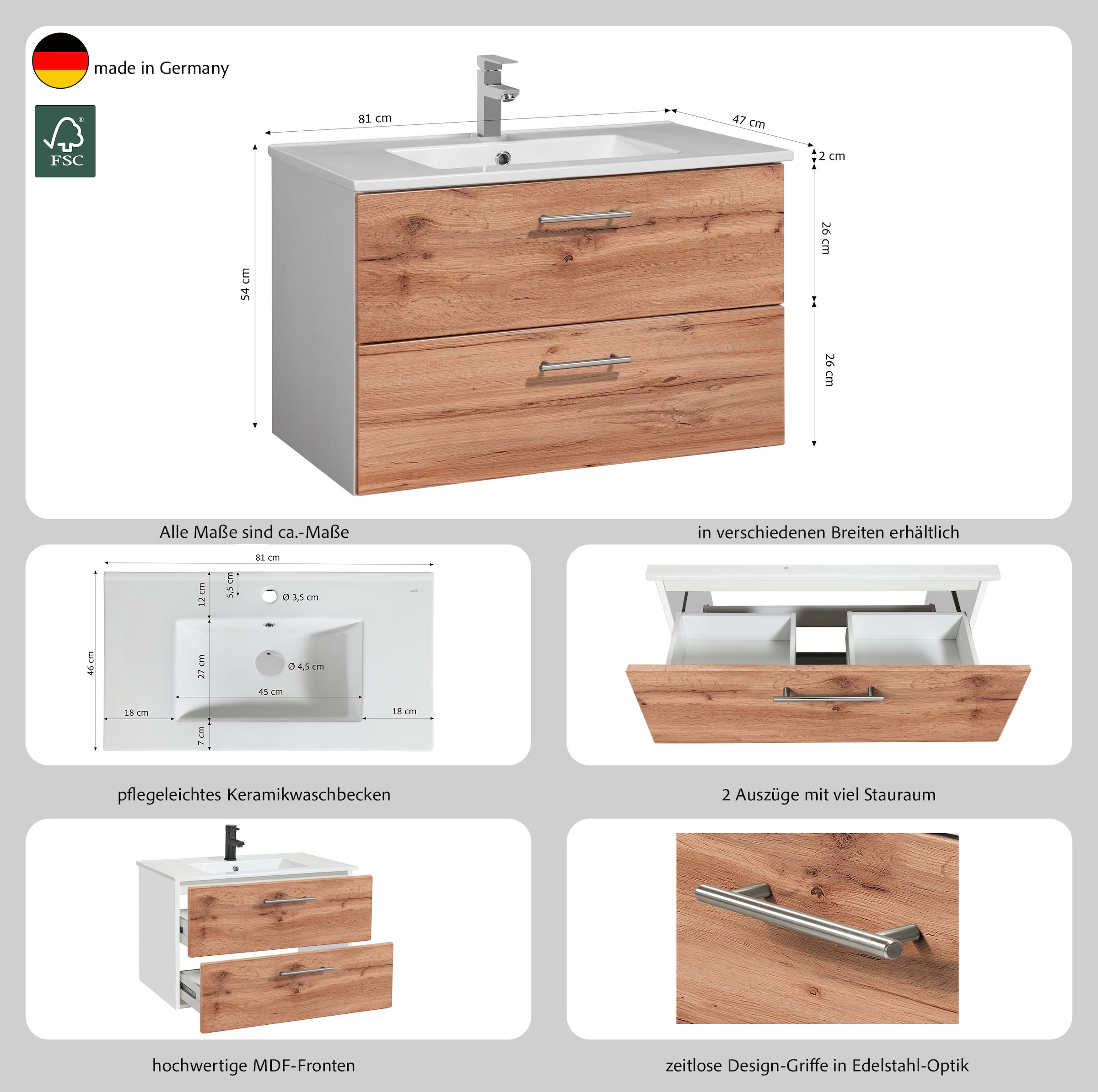 welltime Waschtisch »Trento Badezimmerschrank mit Becken Bestseller« Badmöbel in Breite 80 cm  , Waschplatz mit 2 Schubladen , Badschrank