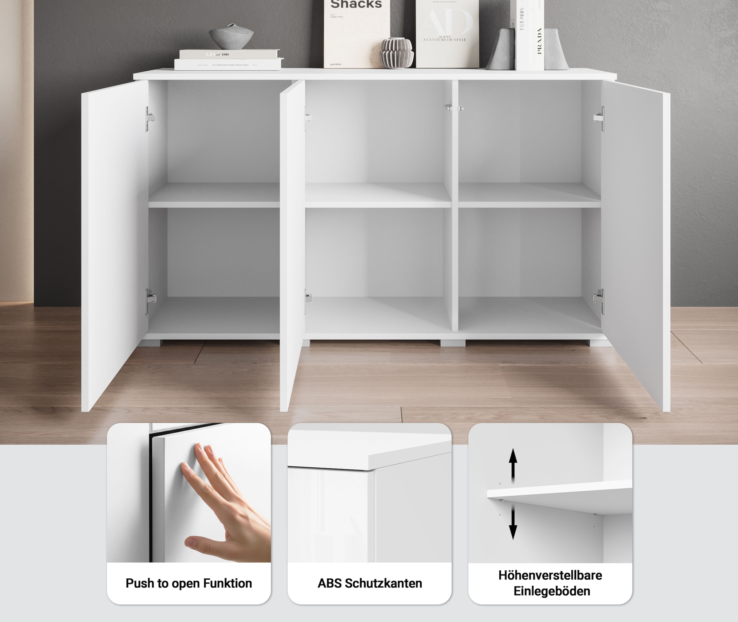 INOSIGN Sideboard »Kenia, moderne grifflose Kommode mit 3 Türen, Breite 120 cm«, (1 St.), Push-to-Open-Fronten, höhenverstellbaren Einlegeböden