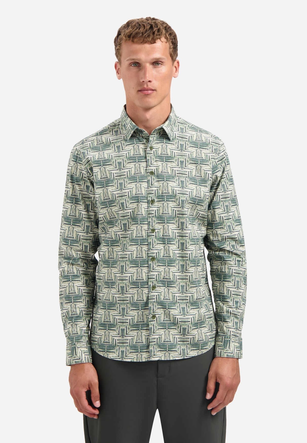 NO EXCESS Herren Langarmhemd "No Excess Stretchhemd mit Print Shirt Stretch Allover Printed"dunkelgrün, Gr. L, 97% Baumwolle, 3% Elasthan, Hemden