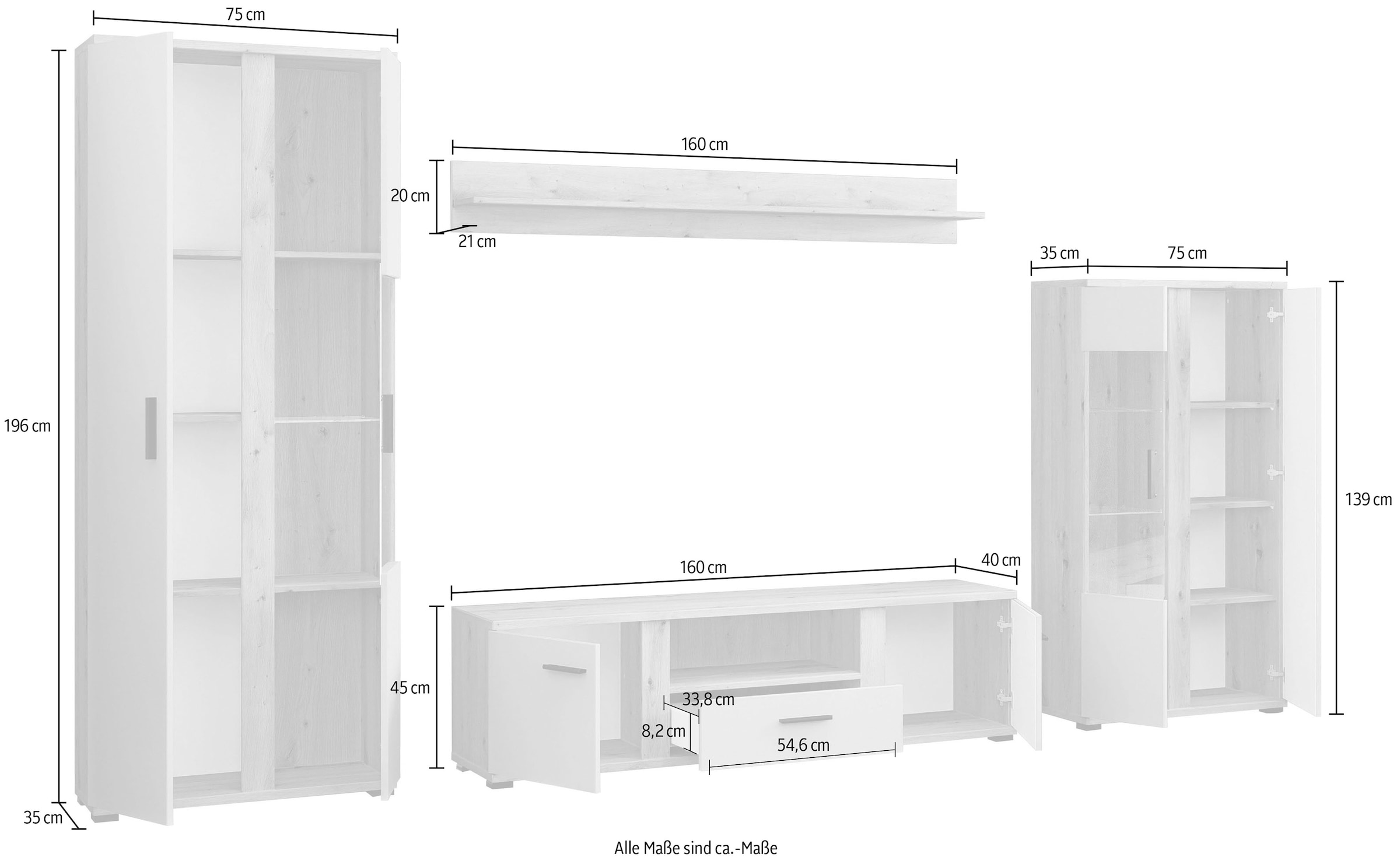 HBZ Wohnwand »Kanada Wohnwand, BxHxT 340x196x40«, (4 St.), Breite 340cm, Unterflurauszug, Melaminbeschichtung
