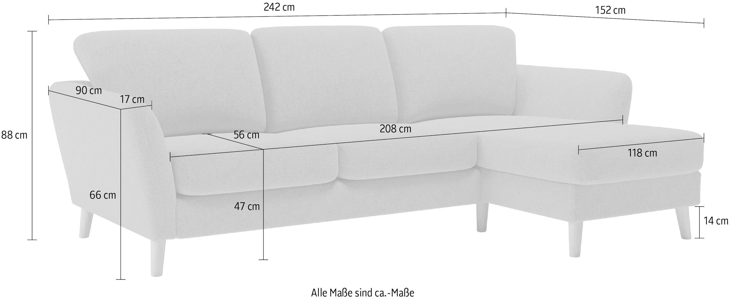 Home affaire Ecksofa »MARSEILLE (242/152cm),L-Form, Rec. rechts/links«, Massivholzbeine aus Eiche, in verschieden Bezügen und Farbvarianten