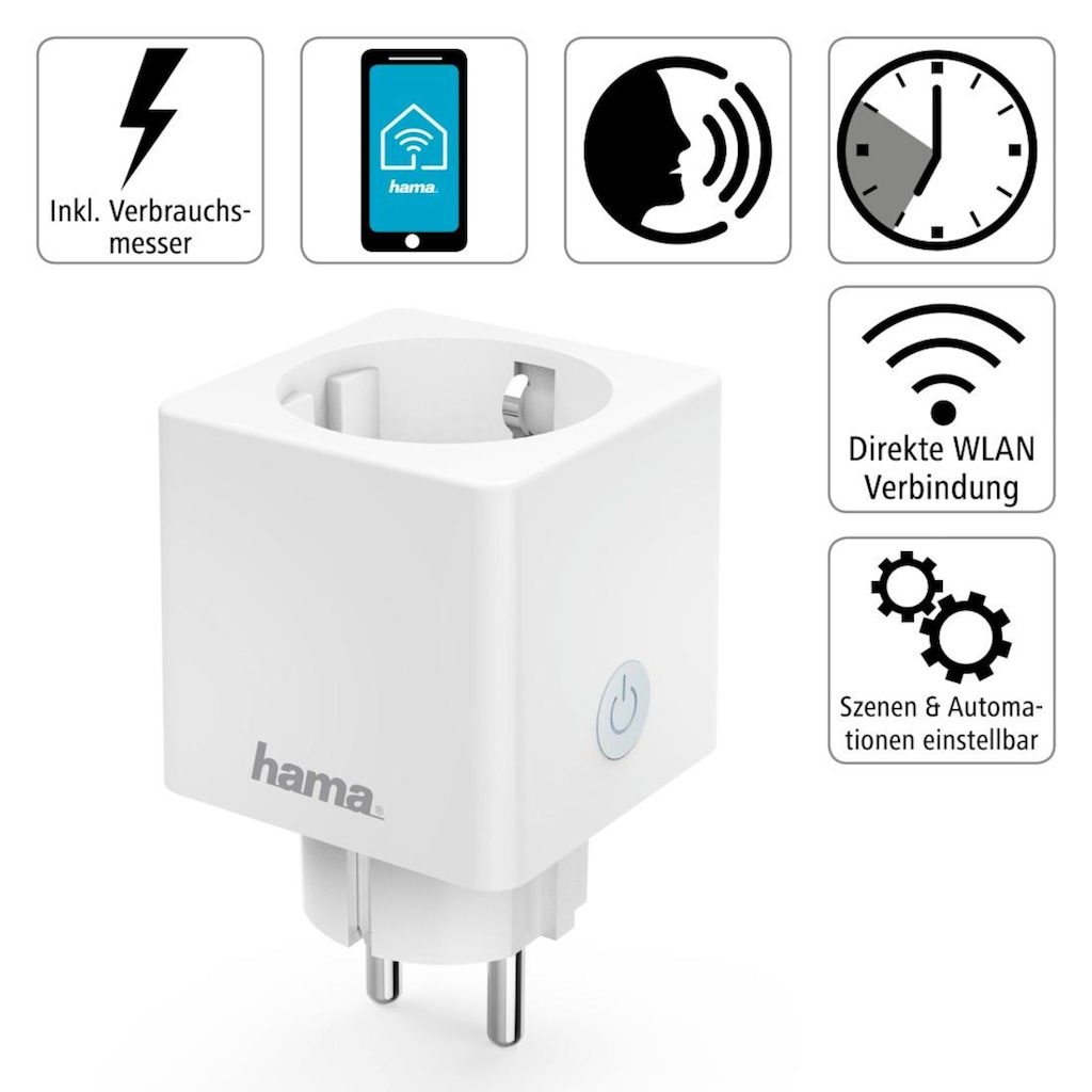 Hama WLAN-Steckdose »WLAN Steckdose Mini Verbrauchsmesser o.Hub App-Sprachsteuerung 3.680W«, Mit erhöhtem Berührungsschutz, Verbrauchsmesser