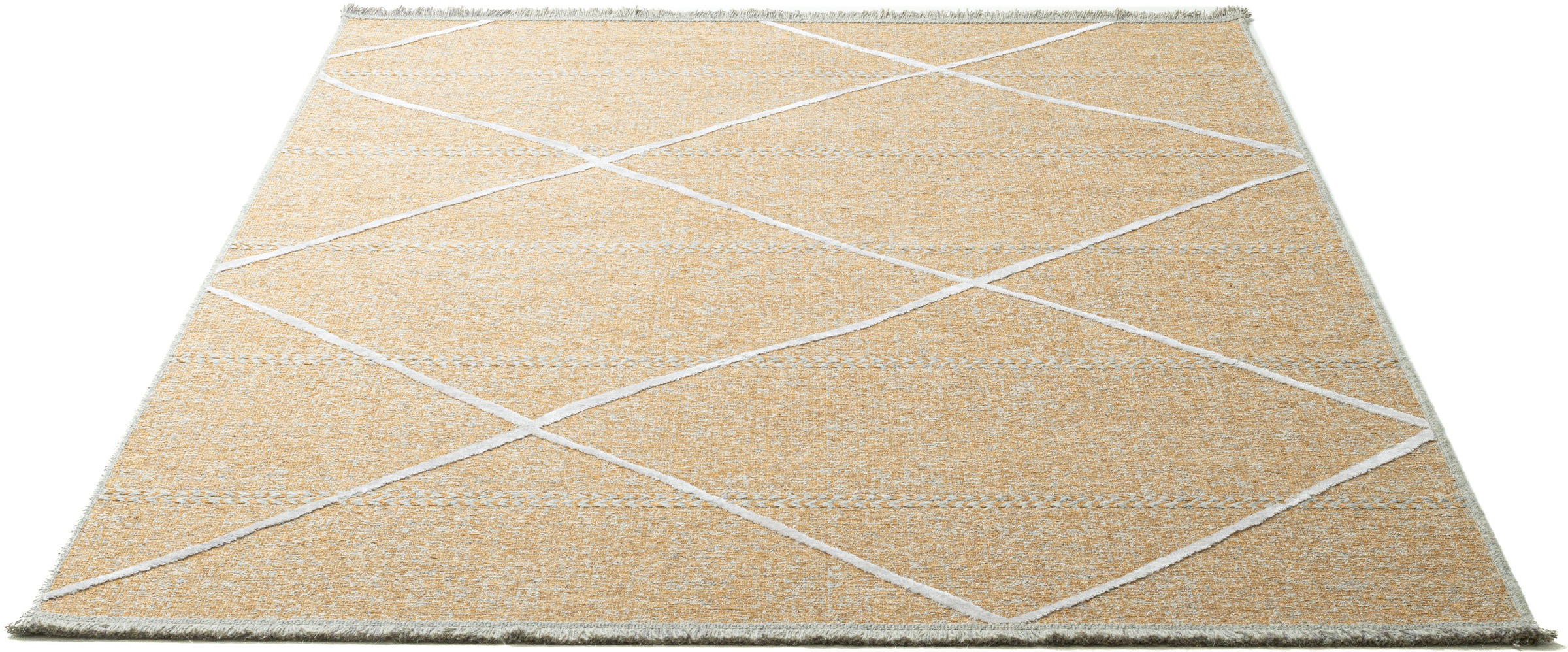 Teppich SANSIBAR "Braderup", gold (goldfarben), B:120cm H:2mm L:170cm, Schurwolle, Teppiche, Teppich, Flachgewebe, modernes Scandi Design, Motiv Rauten, mit Fransen