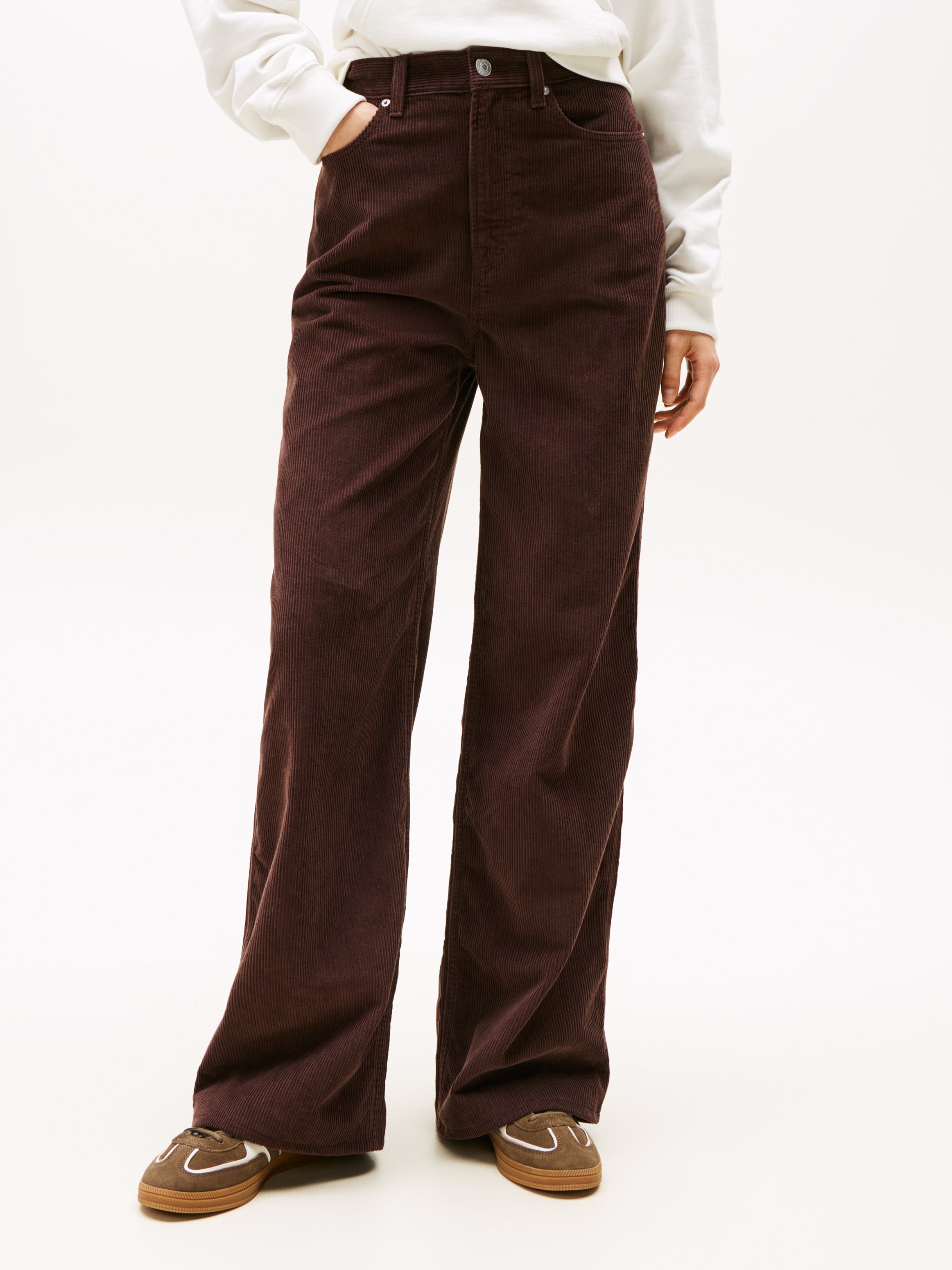 Cordhose TOMMY JEANS "TJW CLAIRE HR WIDE CORD", Damen, Gr. 29, Länge 30, rich braun, Cord, Obermaterial: 100% Baumwolle, unifarben, lässig geschnitten, Hosen Cordhose