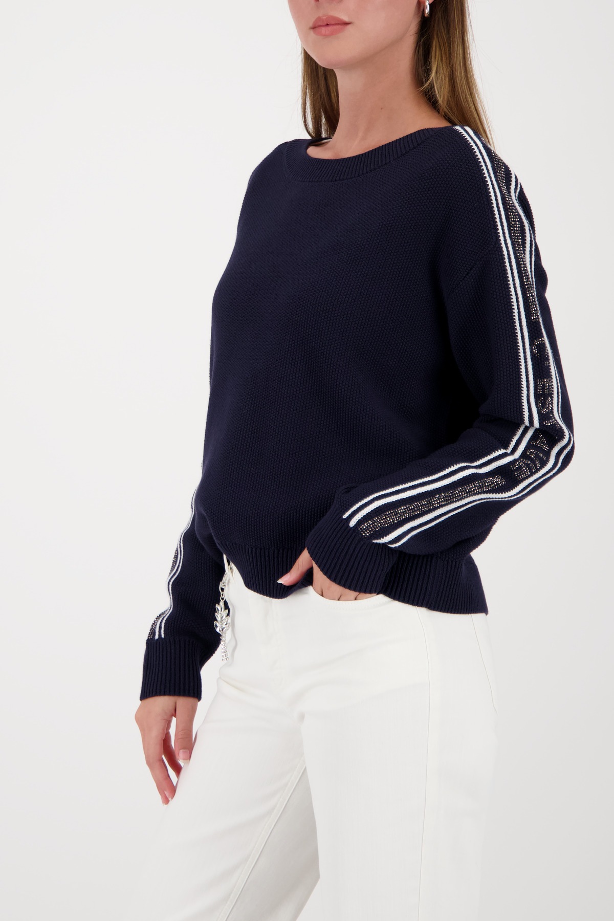 Thumbnail - Monari Strickpullover Regular Fit, Streifendetails, Strasssteinschriftzug