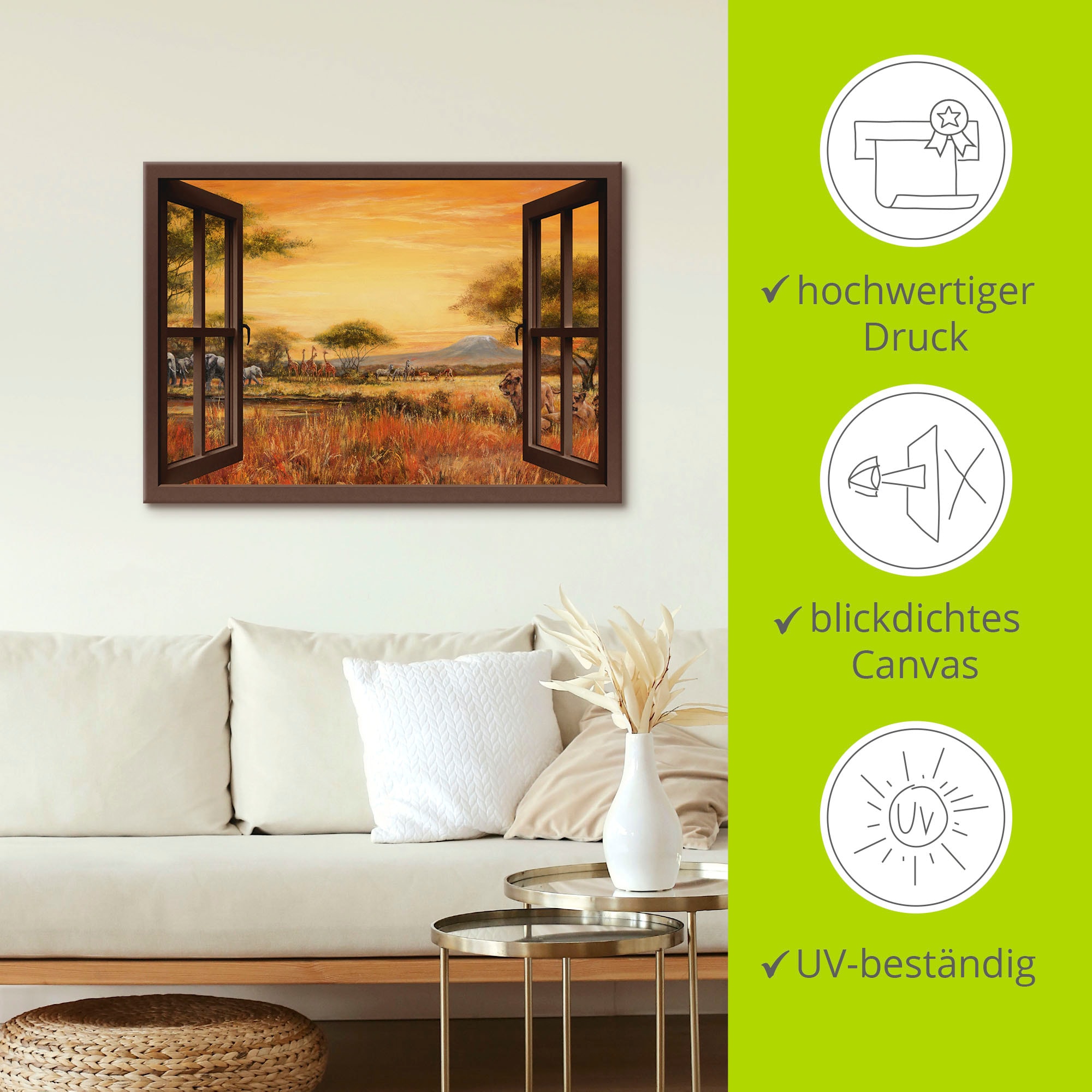 Artland Wandbild »Fensterblick Afrikanische Steppe Löwen«, Fensterblick, (1 St.), als Leinwandbild, Wandaufkleber in verschied. Größen