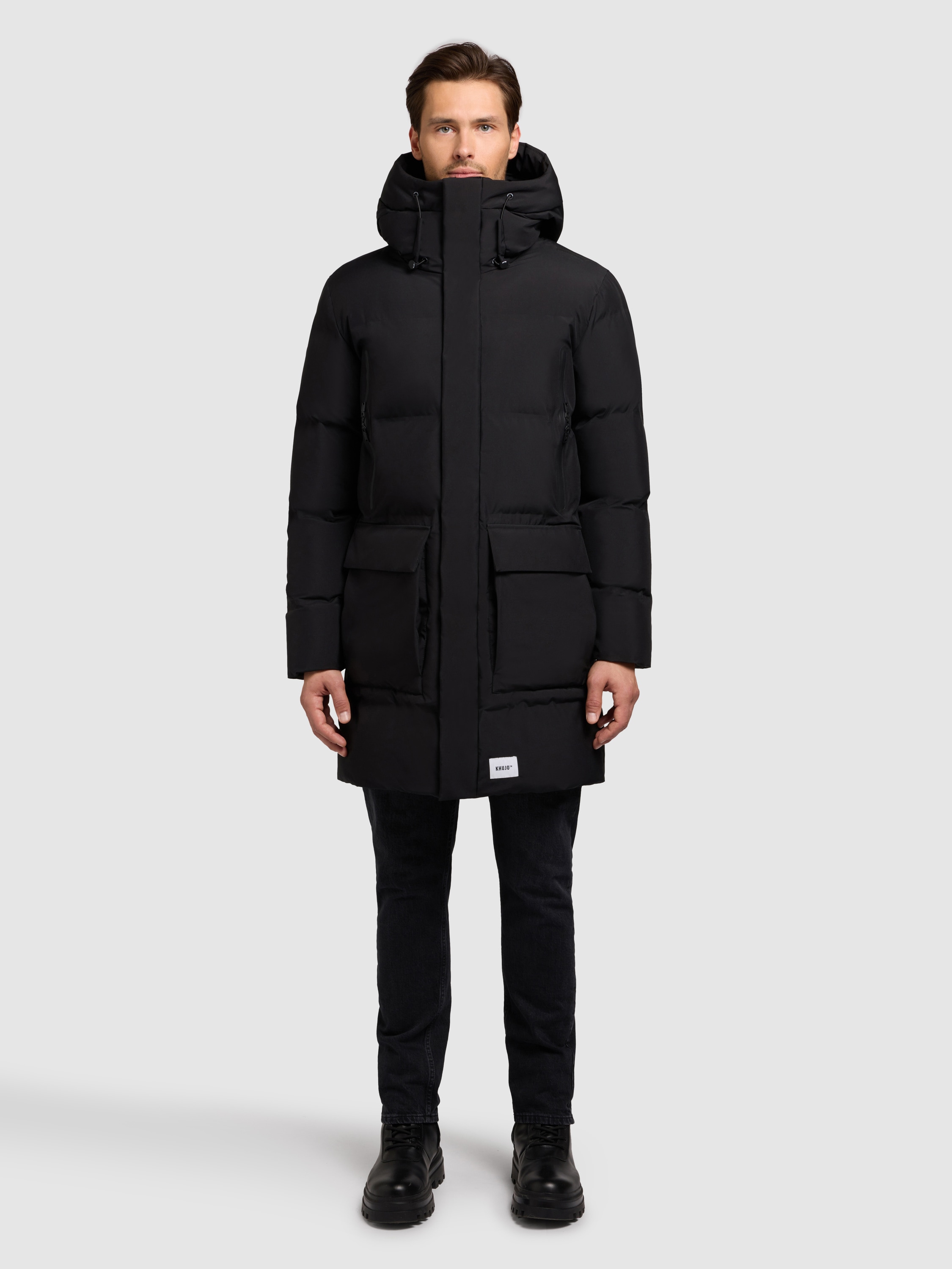 Steppmantel KHUJO "WINER3", Herren, Gr. XL, schwarz, 100% Polyester, unifarben, eingesetzt gerader Abschluss mit innenliegendem Gummizug, Mäntel Steppmantel