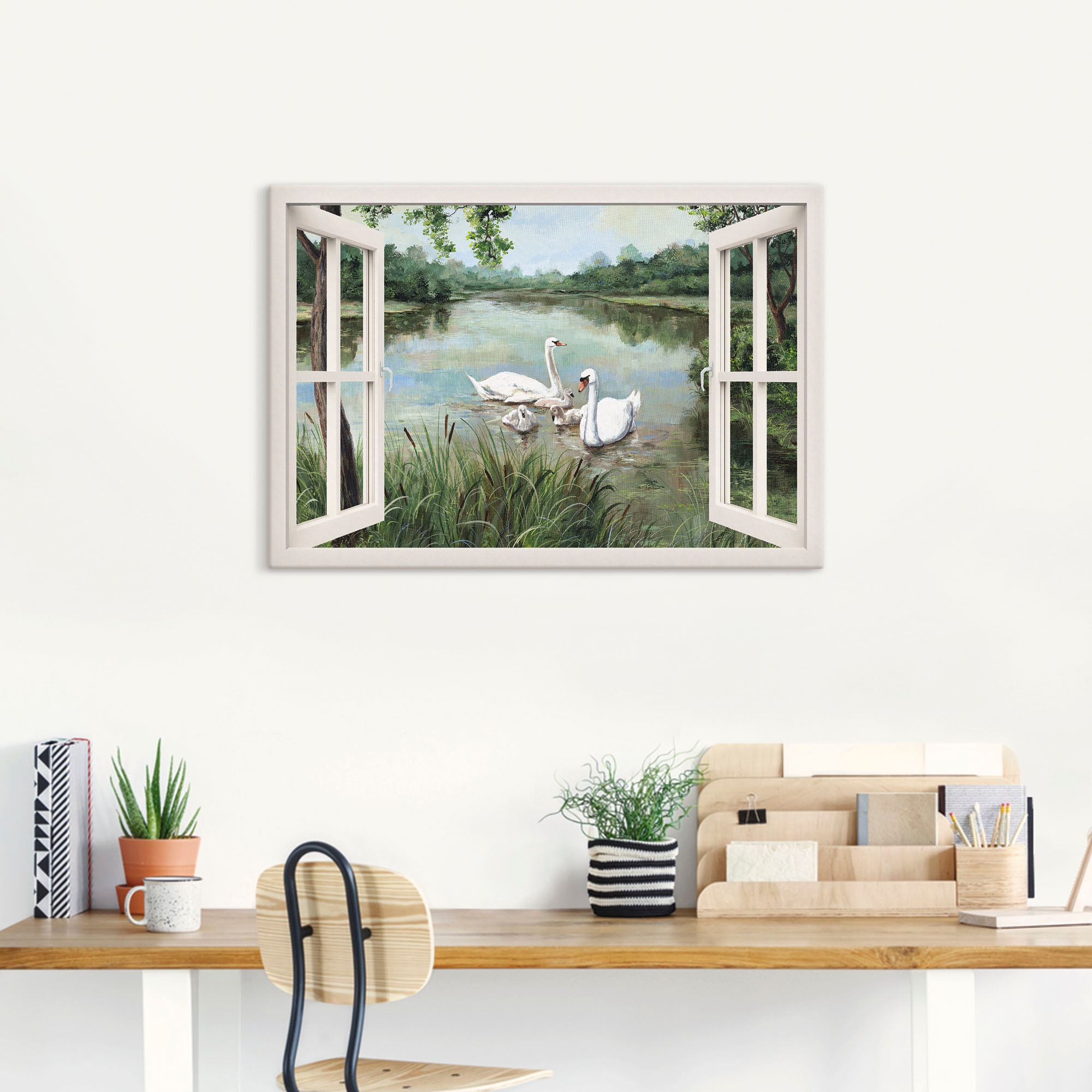 Artland Wandbild »Fensterblick - Schwäne«, Vögel, (1 St.), als Alubild, Outdoorbild, Leinwandbild, Wandaufkleber, versch. Größen