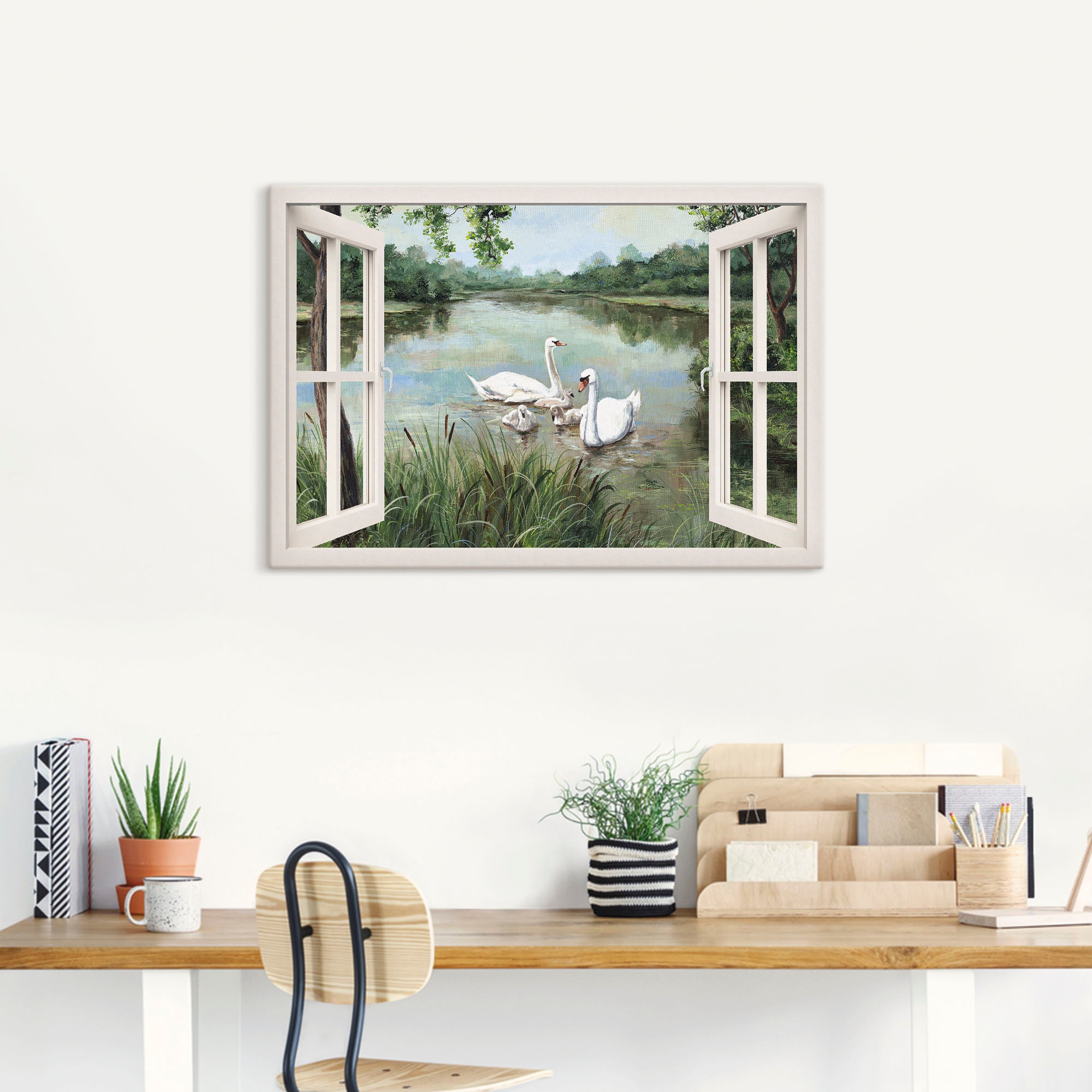Artland Leinwandbild "Fensterblick - Schwäne" Vögel 1 Stk. tlg. auf Holzrah günstig online kaufen