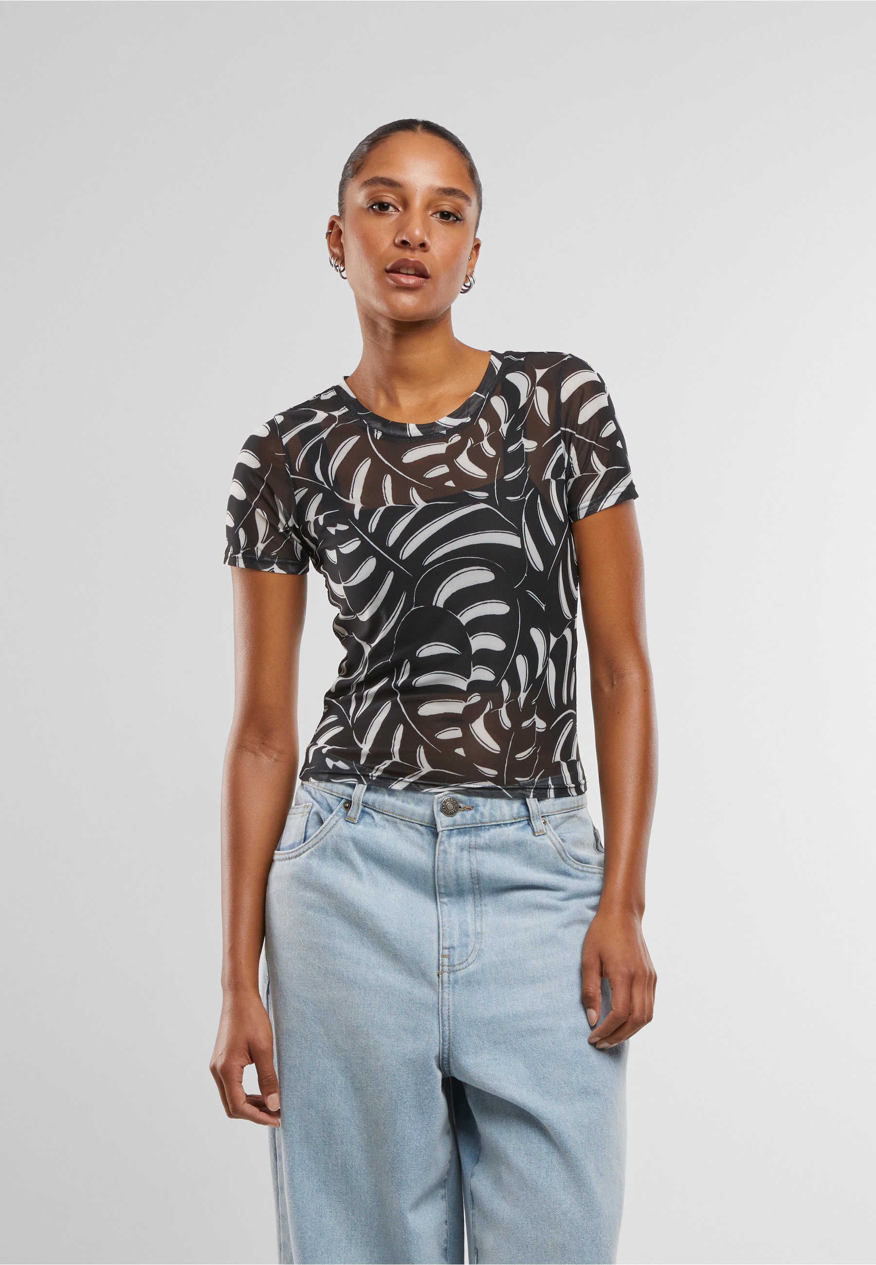 Urban Classics Chemise à Manches Courtes Aop Mesh Black Leaf XS Femme 2