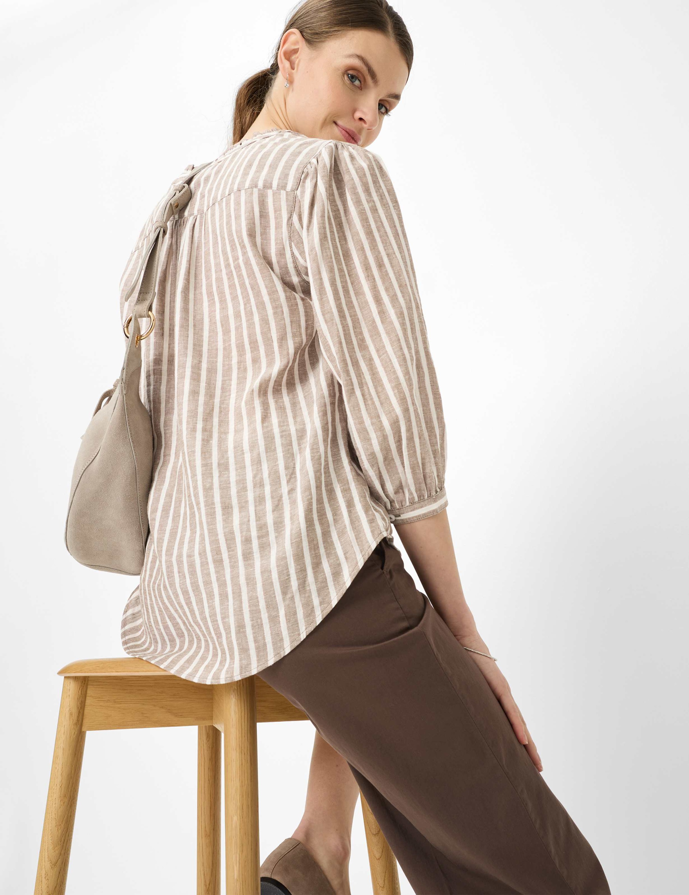 Klassische Bluse BRAX "Style VIOLET", Damen, Gr. 42, hellbraun, Web, 55% Leinen, 44% Viskose, 1% Metallfaser, Blusen Bluse 3