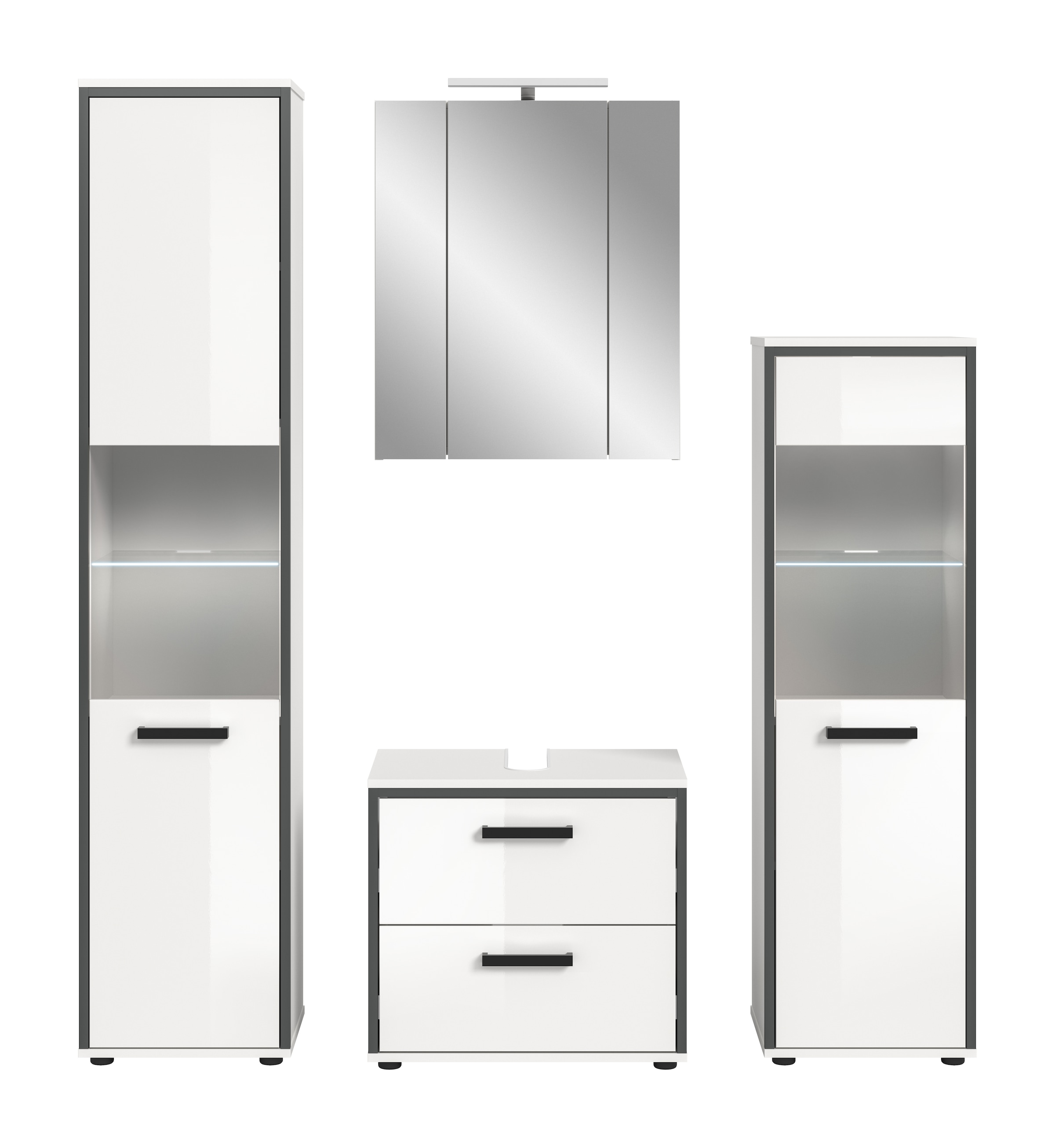 welltime Badmöbel-Set »KAJO, 4-tlg. Badkombination, weiß hochglanz inkl.Beleuchtung« Set, Set, best. aus:Hochschrank,Midischrank,WBU,Spiegelschrank,Beleuchtung, 7 Stk. tlg.